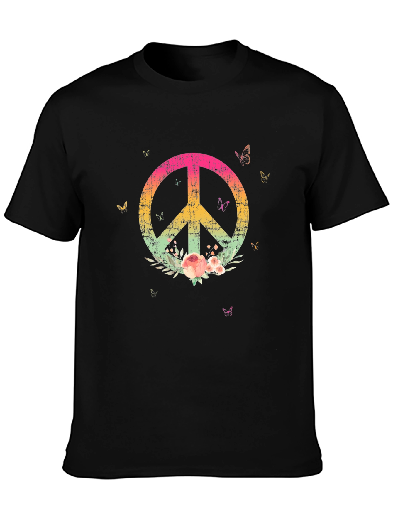 Floral Peace Sign Black Graphic T-Shirt