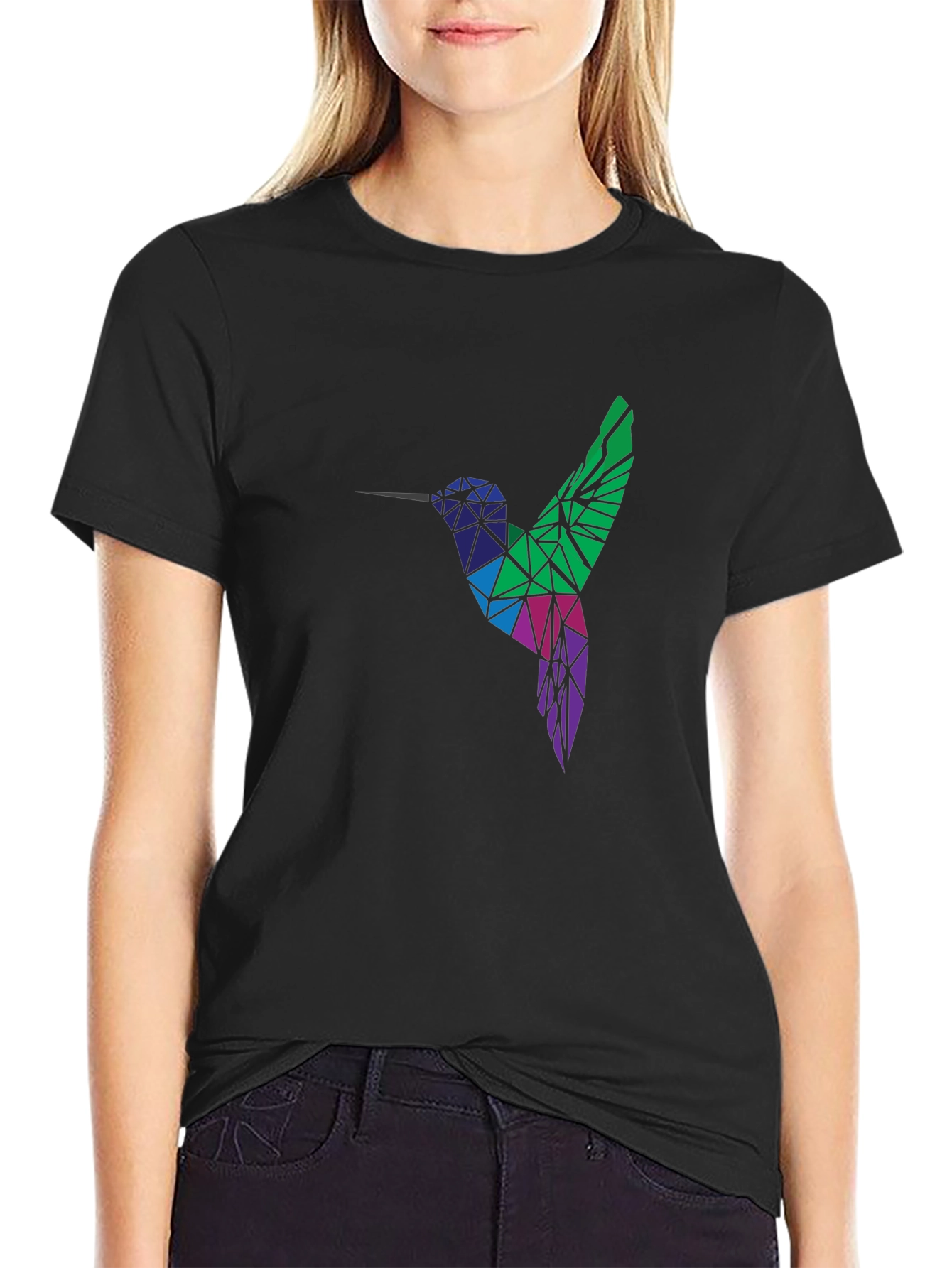 Geometric Hummingbird Graphic Tee - Black