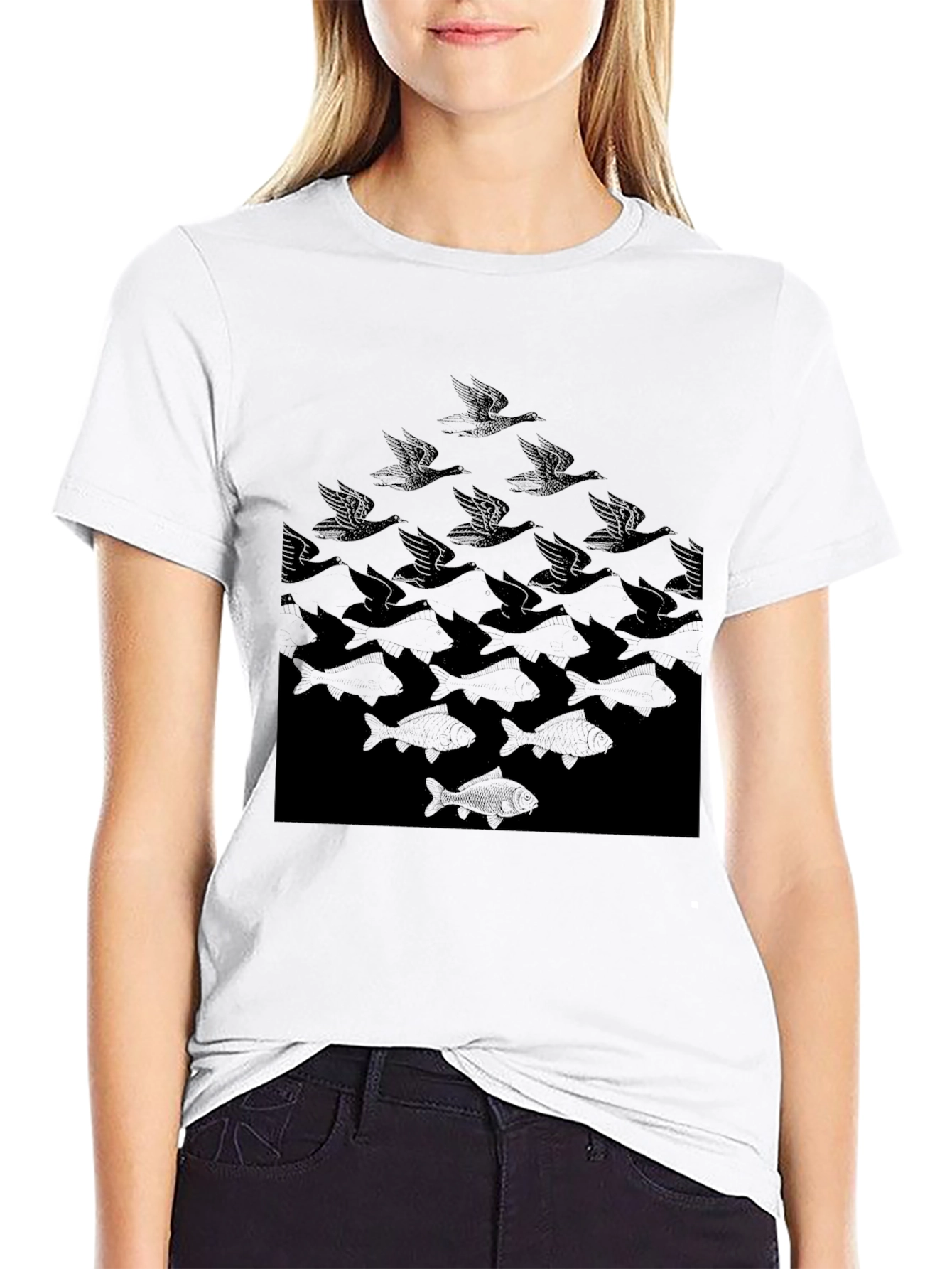Escher Birds to Fish Graphic Tee - Black