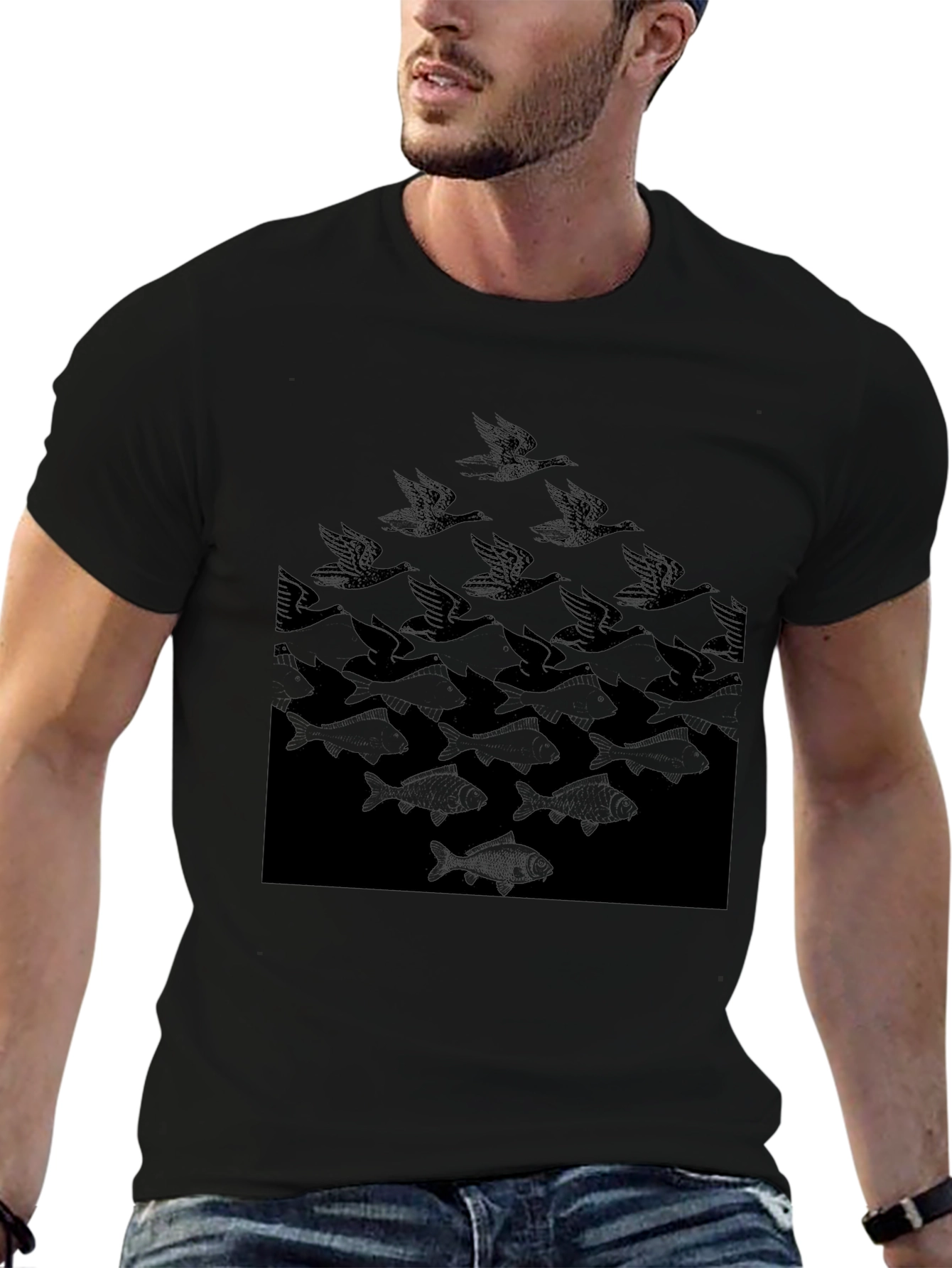 Escher Birds to Fish Graphic Tee - Black