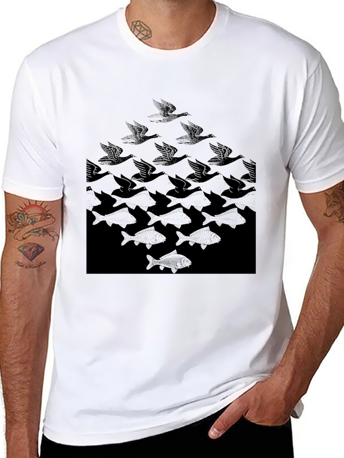 Escher Birds to Fish Graphic Tee - Black