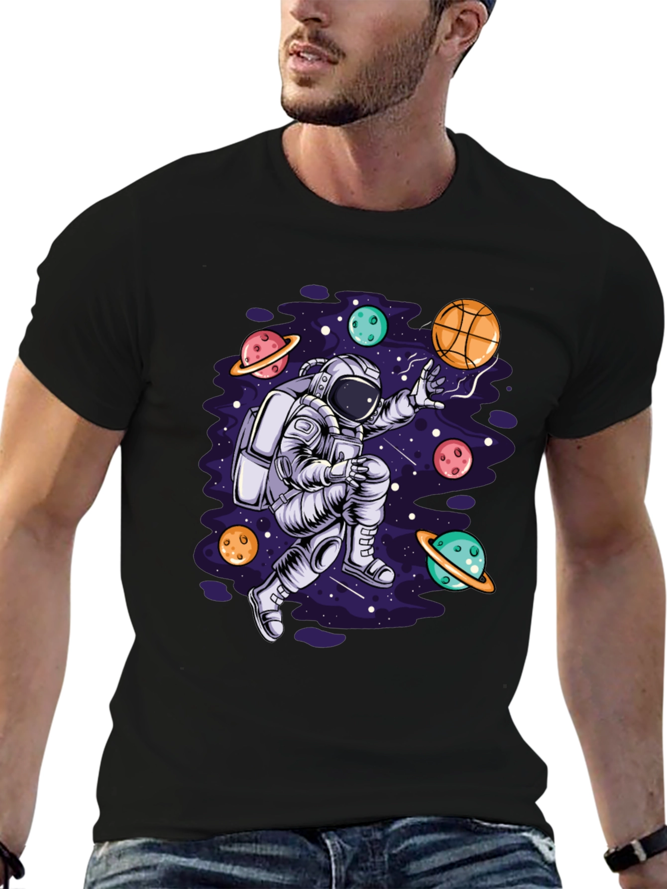 Astronaut Galaxy Basketball Black T-Shirt