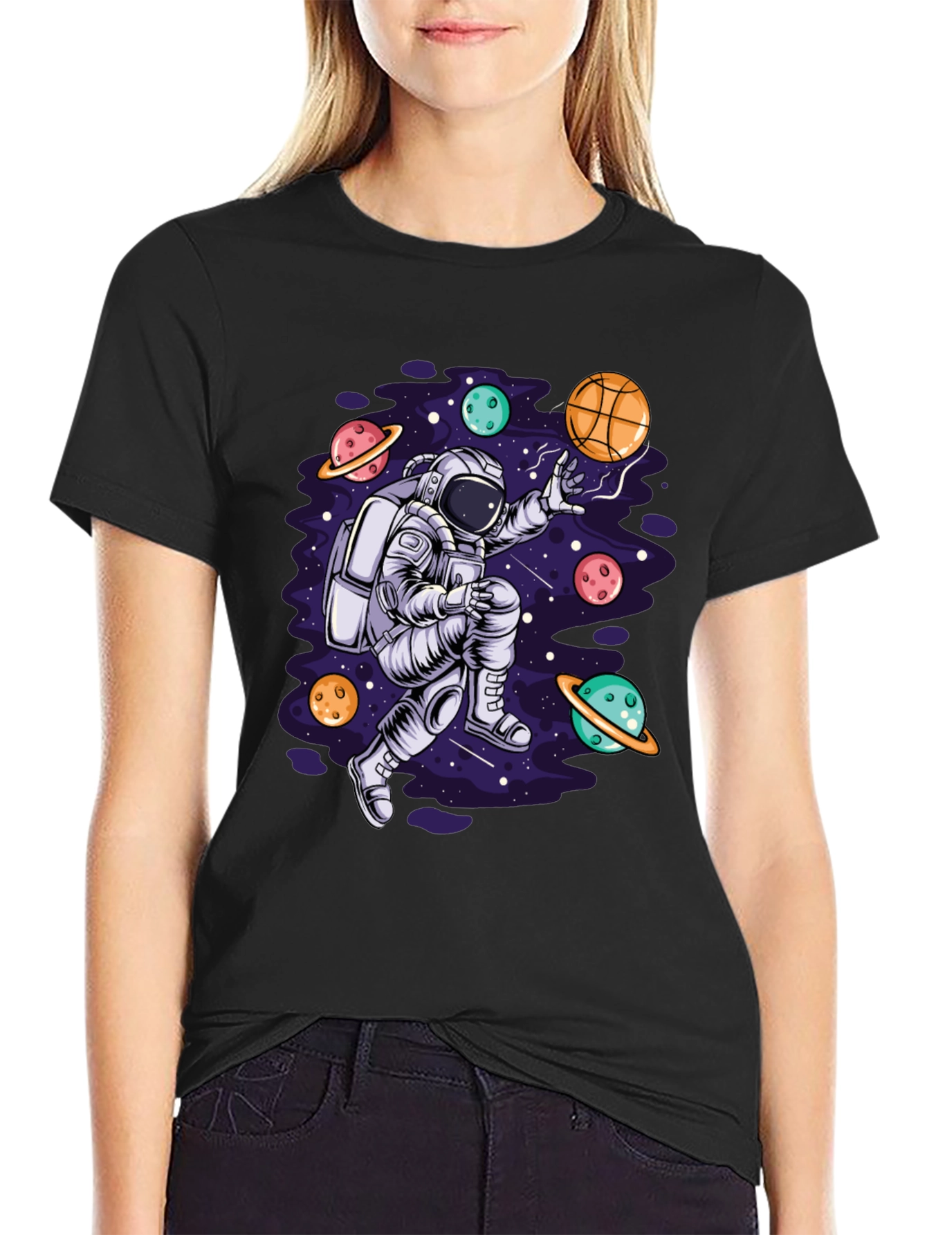 Astronaut Galaxy Basketball Black T-Shirt