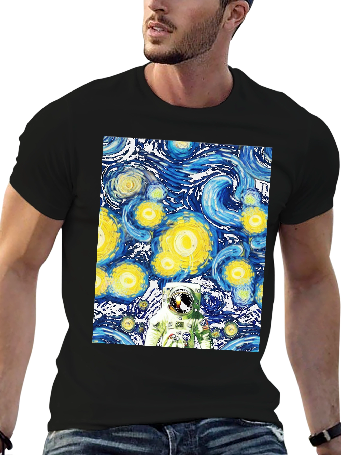 Starry Night Astronaut Black T-Shirt