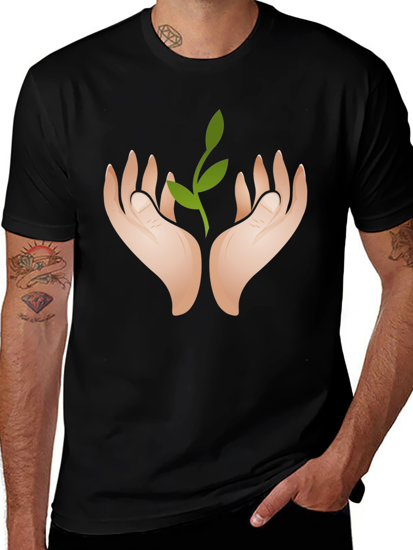Hands Holding Sprout Graphic Black T-Shirt