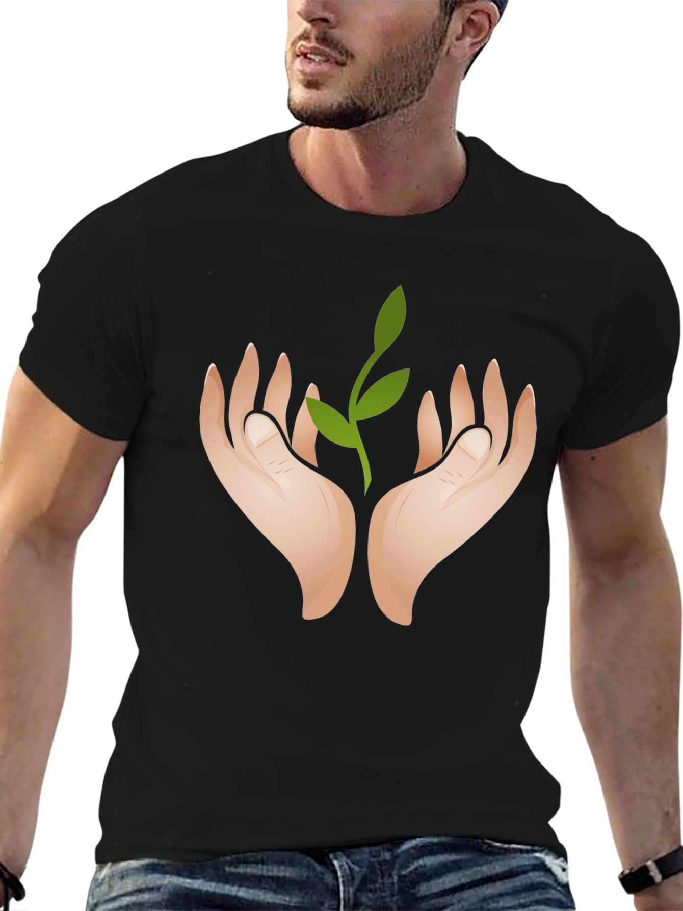Hands Holding Sprout Graphic Black T-Shirt