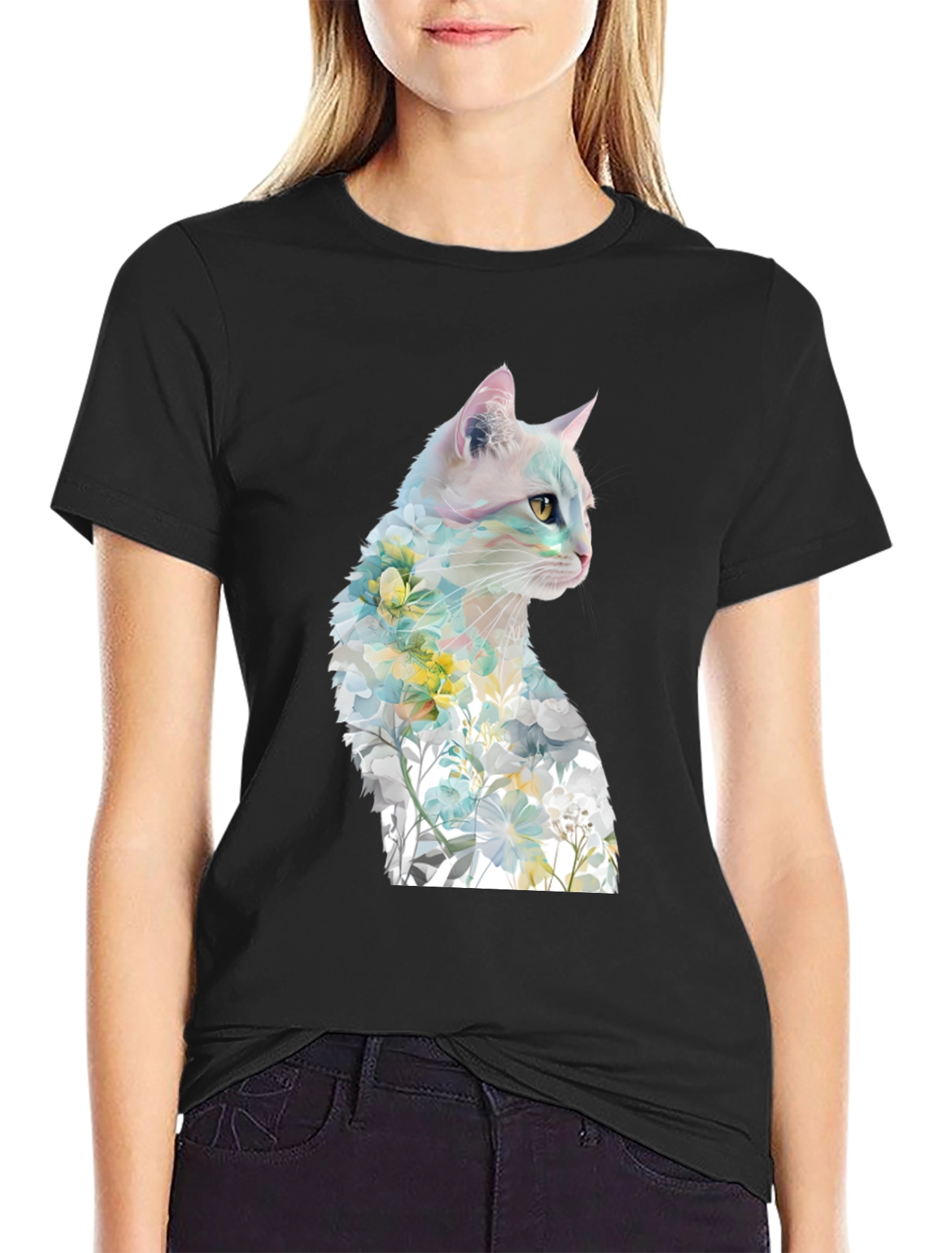 Floral Cat Graphic Tee - Artistic T-Shirt