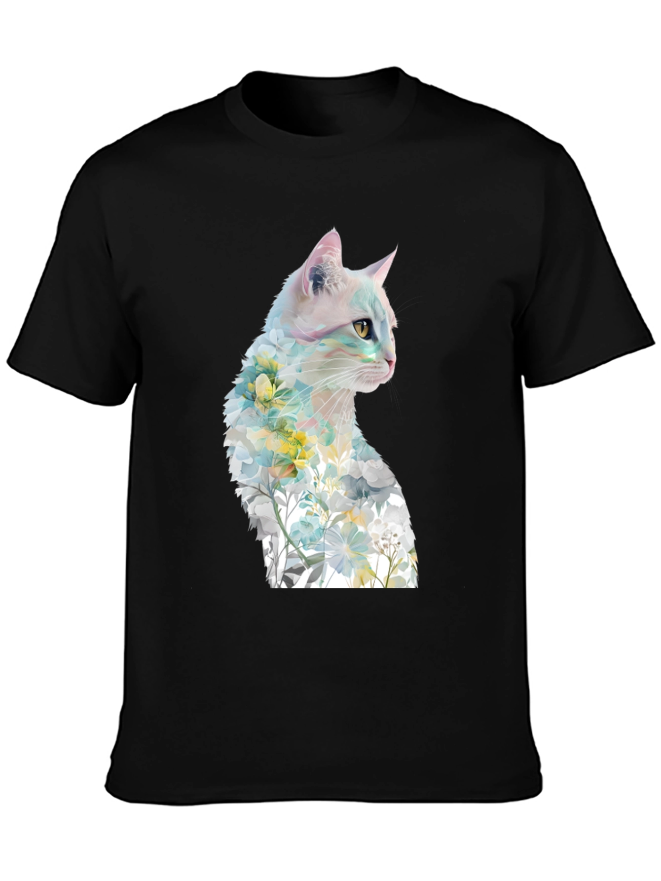 Floral Cat Graphic Tee - Artistic T-Shirt