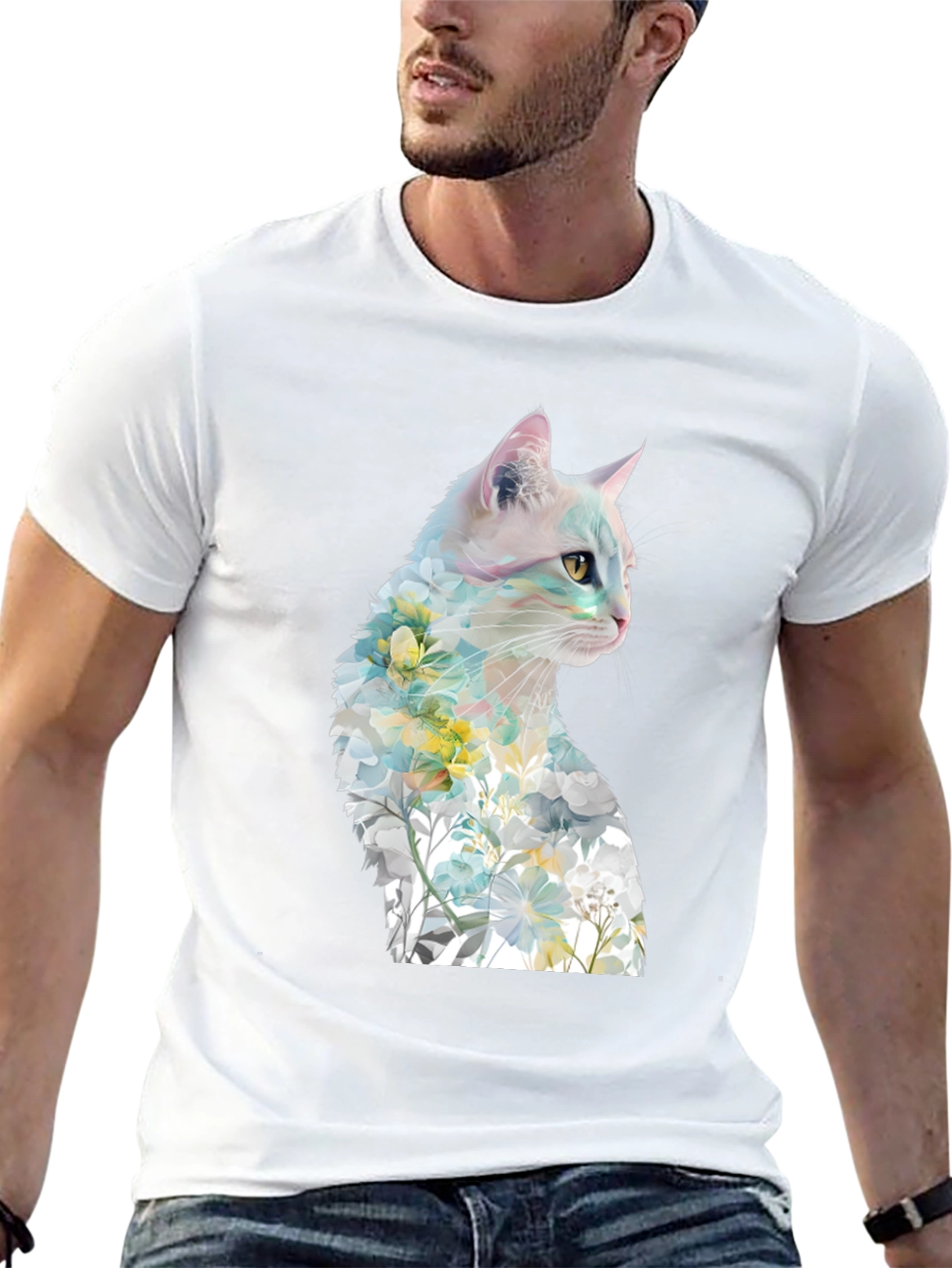 Floral Cat Graphic Tee - Artistic T-Shirt