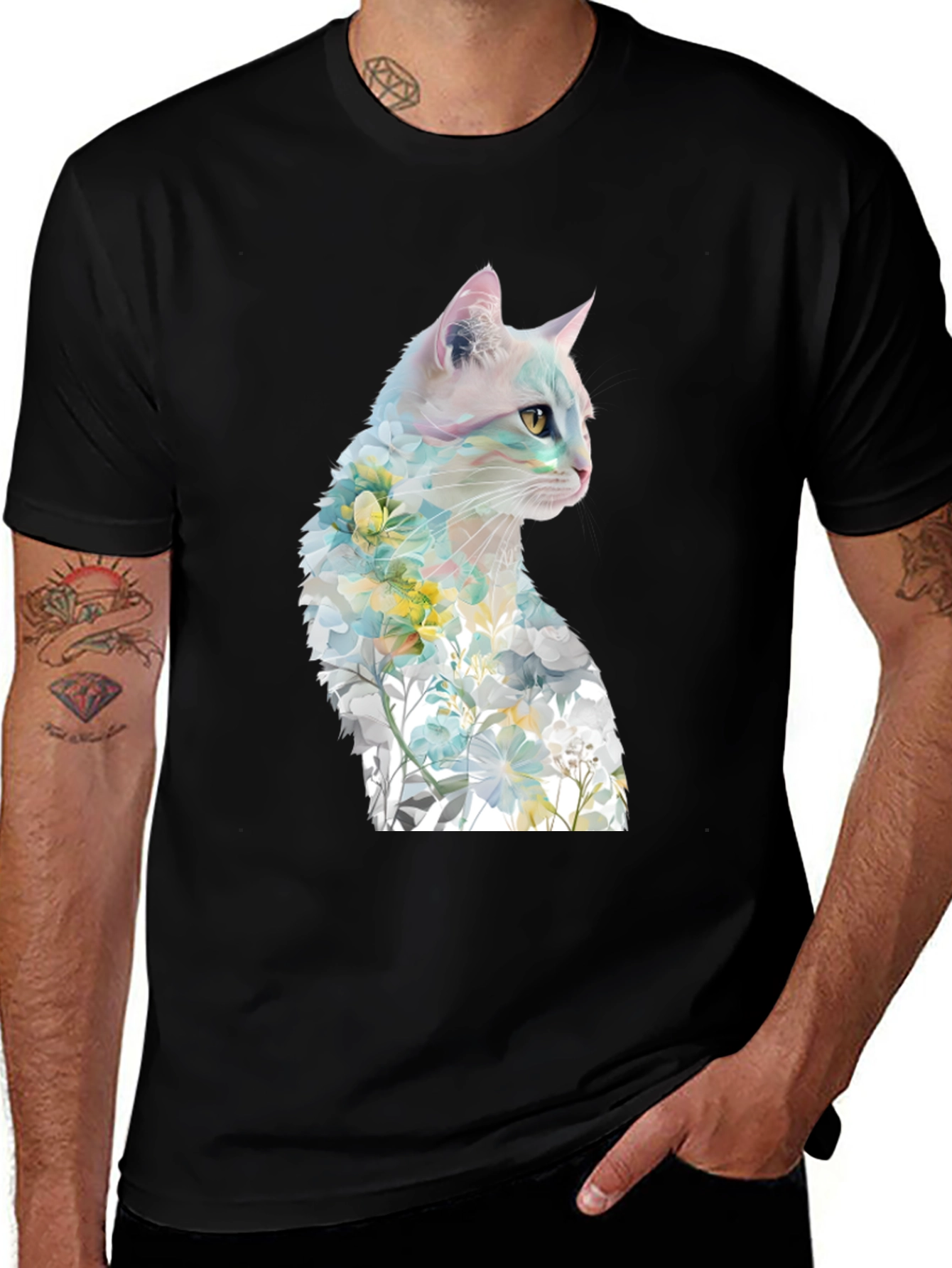Floral Cat Graphic Tee - Artistic T-Shirt