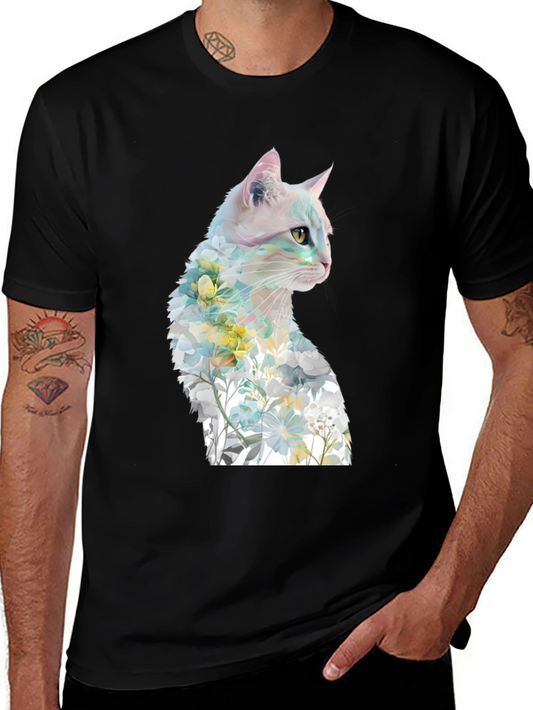 Floral Cat Graphic Tee - Artistic T-Shirt