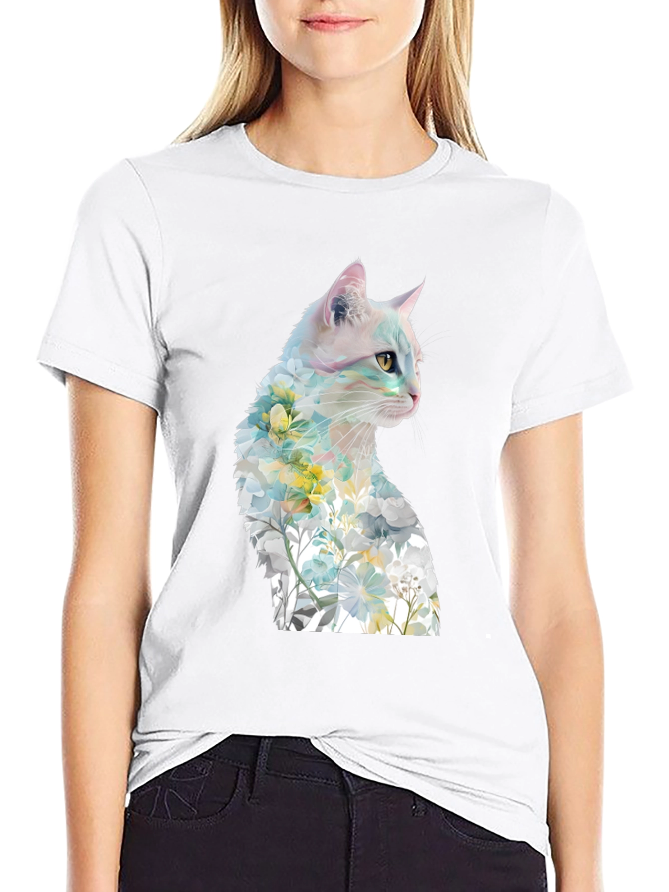 Floral Cat Graphic Tee - Artistic T-Shirt