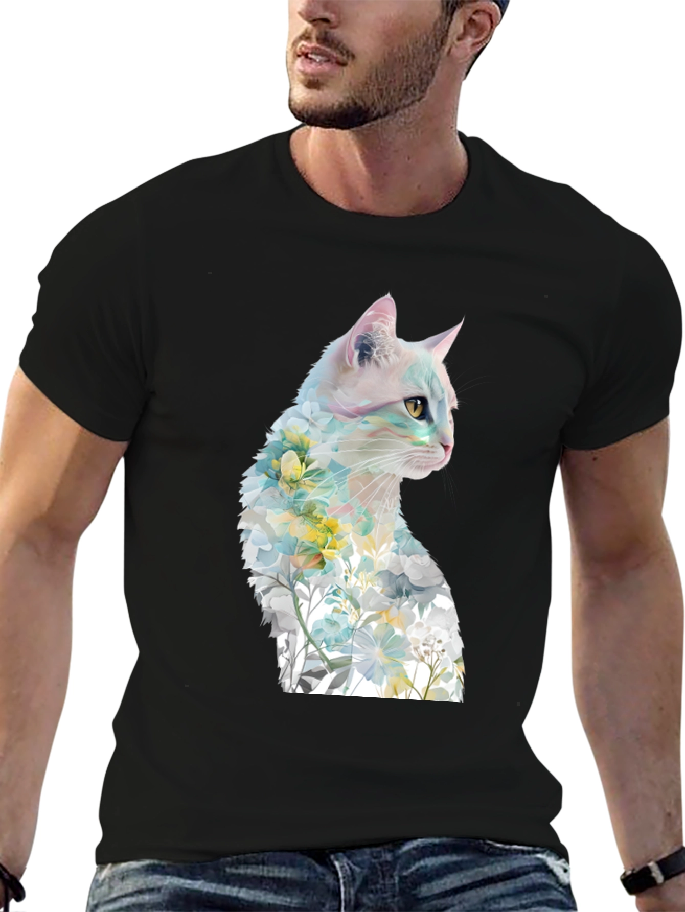Floral Cat Graphic Tee - Artistic T-Shirt