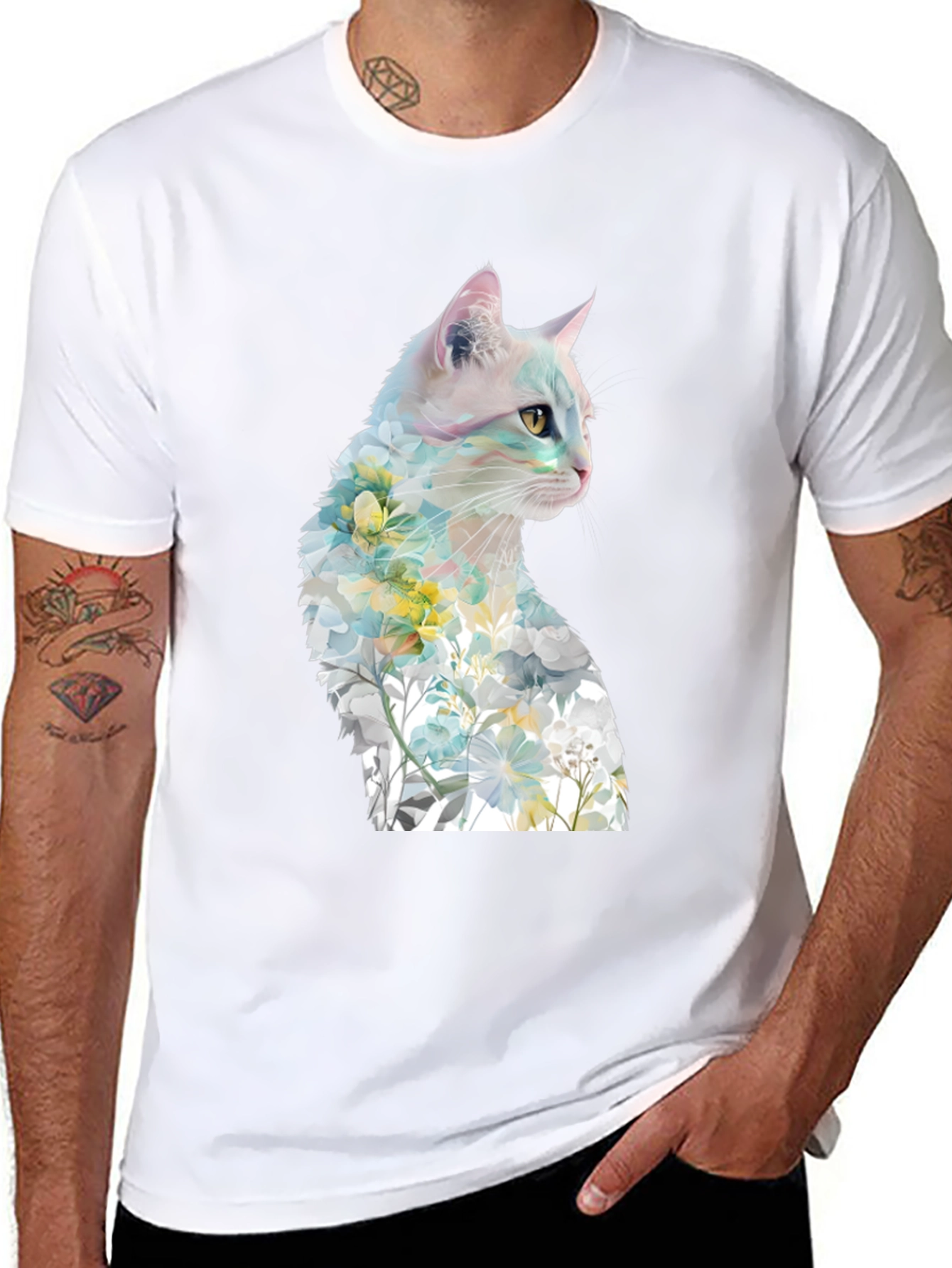 Floral Cat Graphic Tee - Artistic T-Shirt