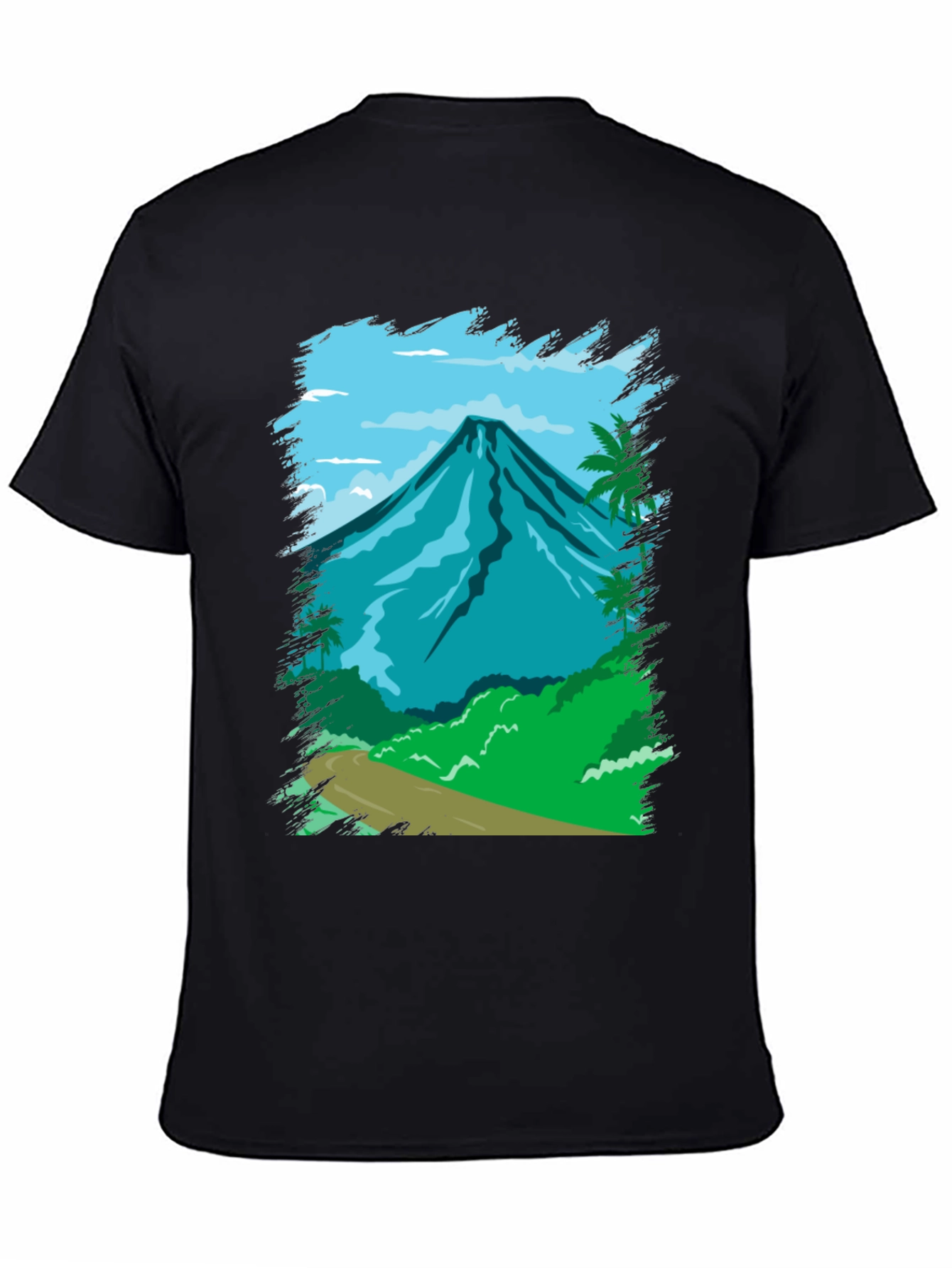 Tropical Mountain Graphic Tee - Black Cotton Shirt