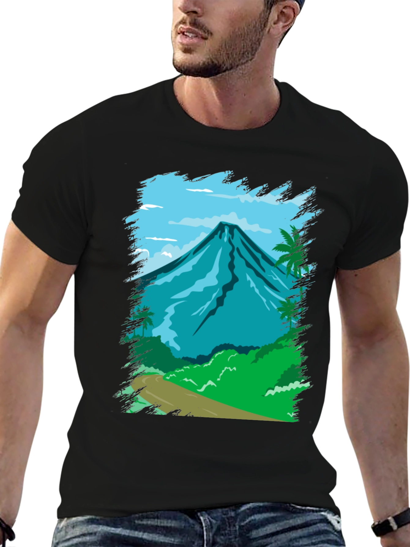 Tropical Mountain Graphic Tee - Black Cotton Shirt