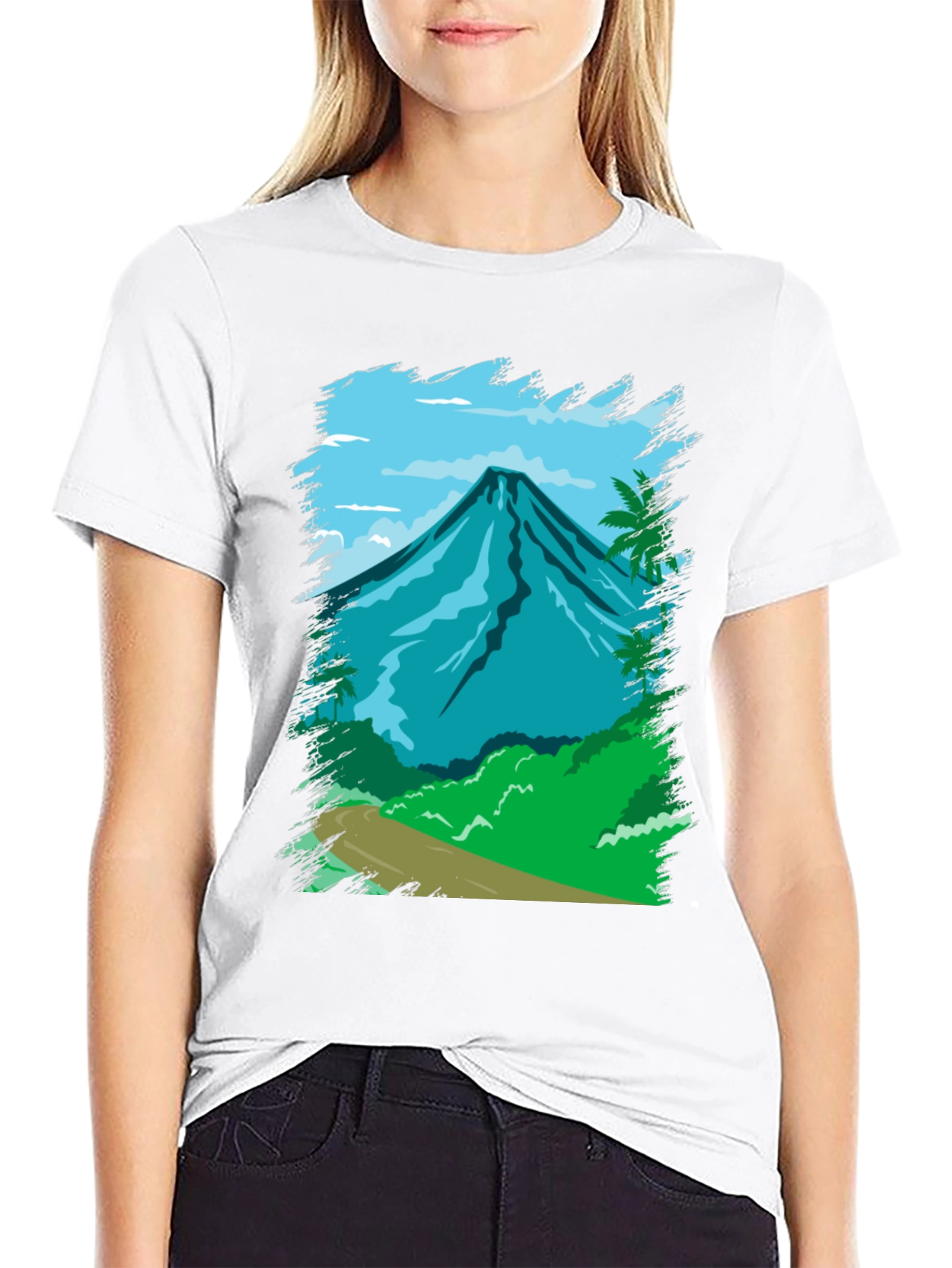 Tropical Mountain Graphic Tee - Black Cotton Shirt