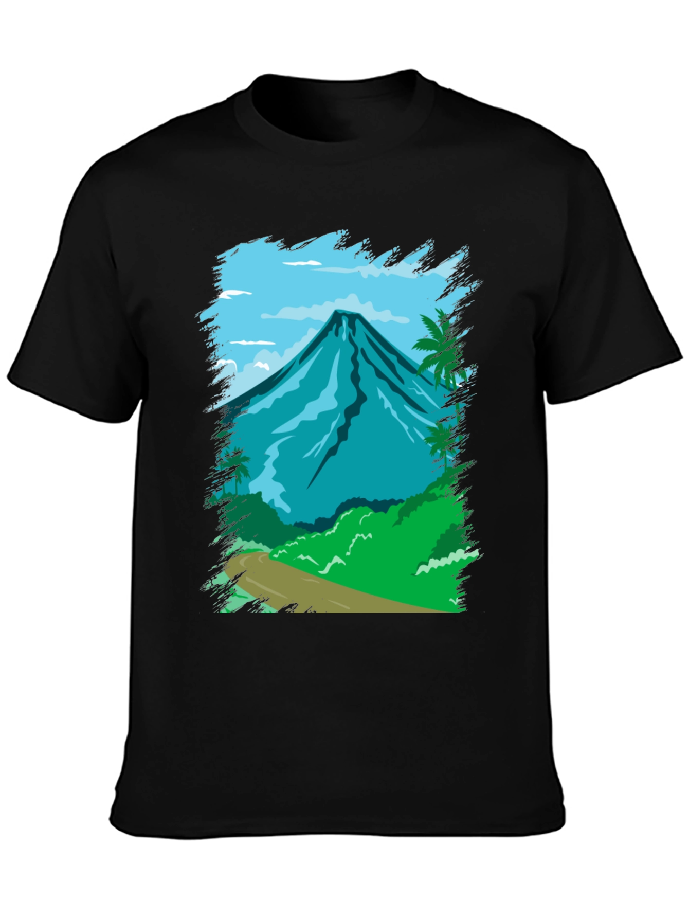 Tropical Mountain Graphic Tee - Black Cotton Shirt