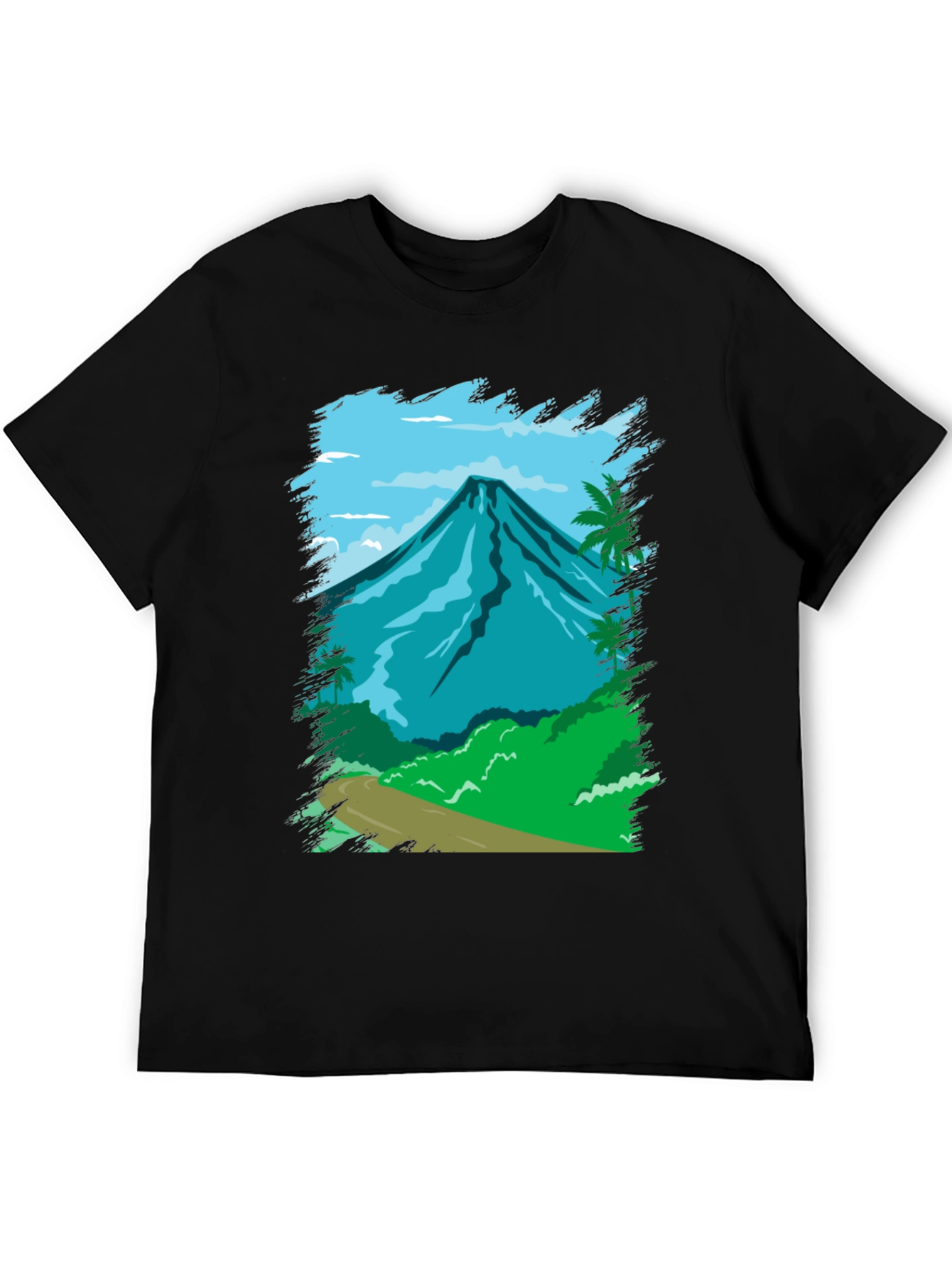 Tropical Mountain Graphic Tee - Black Cotton Shirt