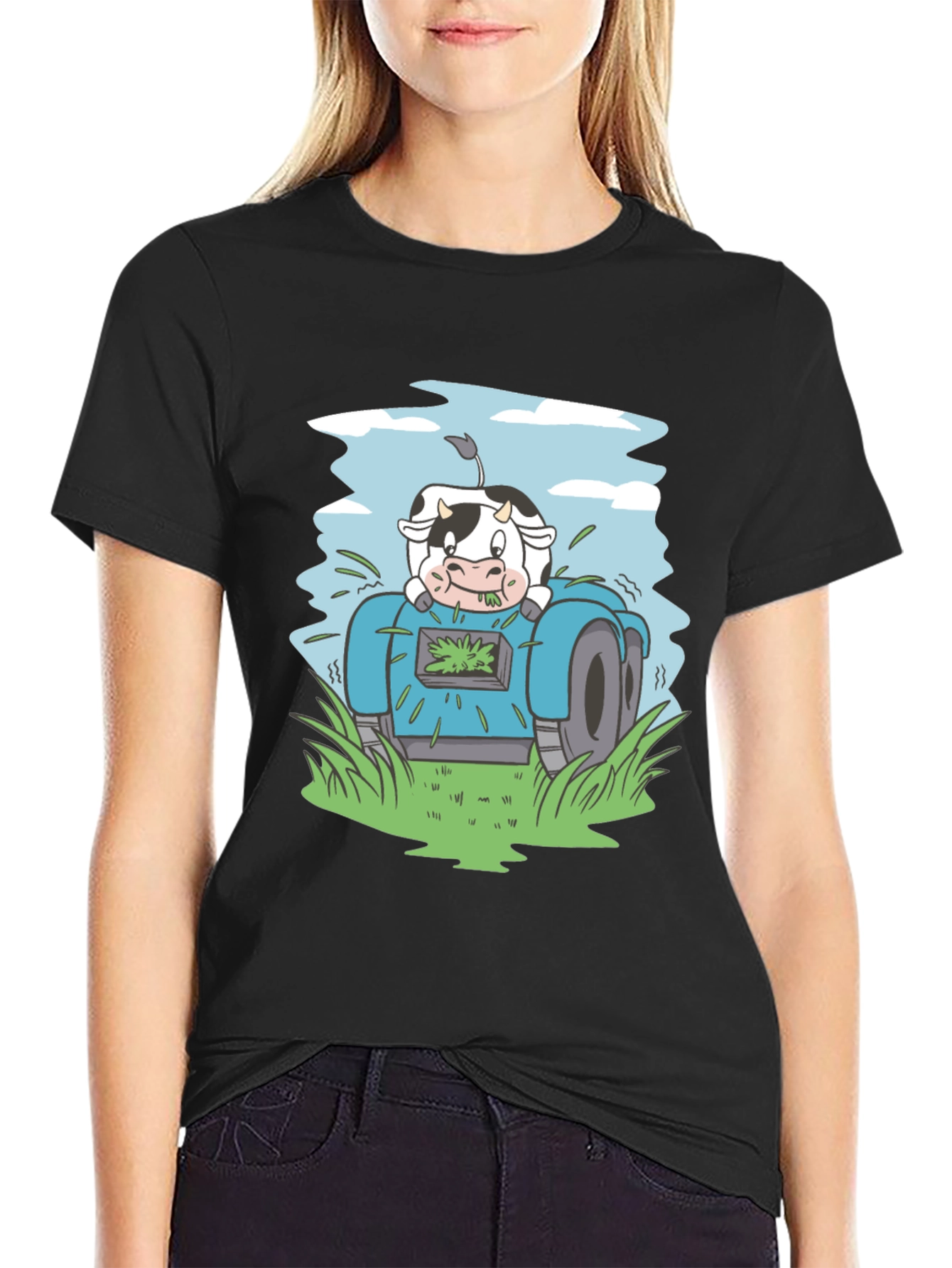 Cow Riding Lawnmower Graphic Tee