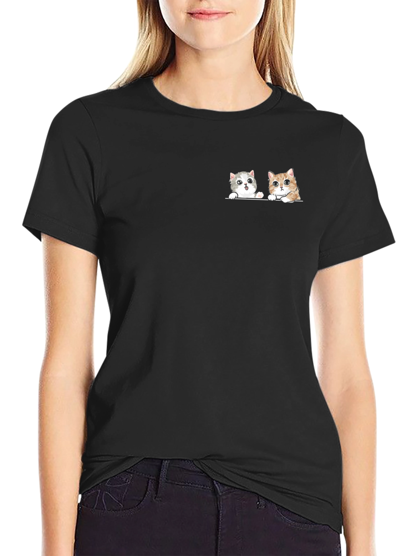 Cute Cats Graphic Tee - Black Cotton T-Shirt