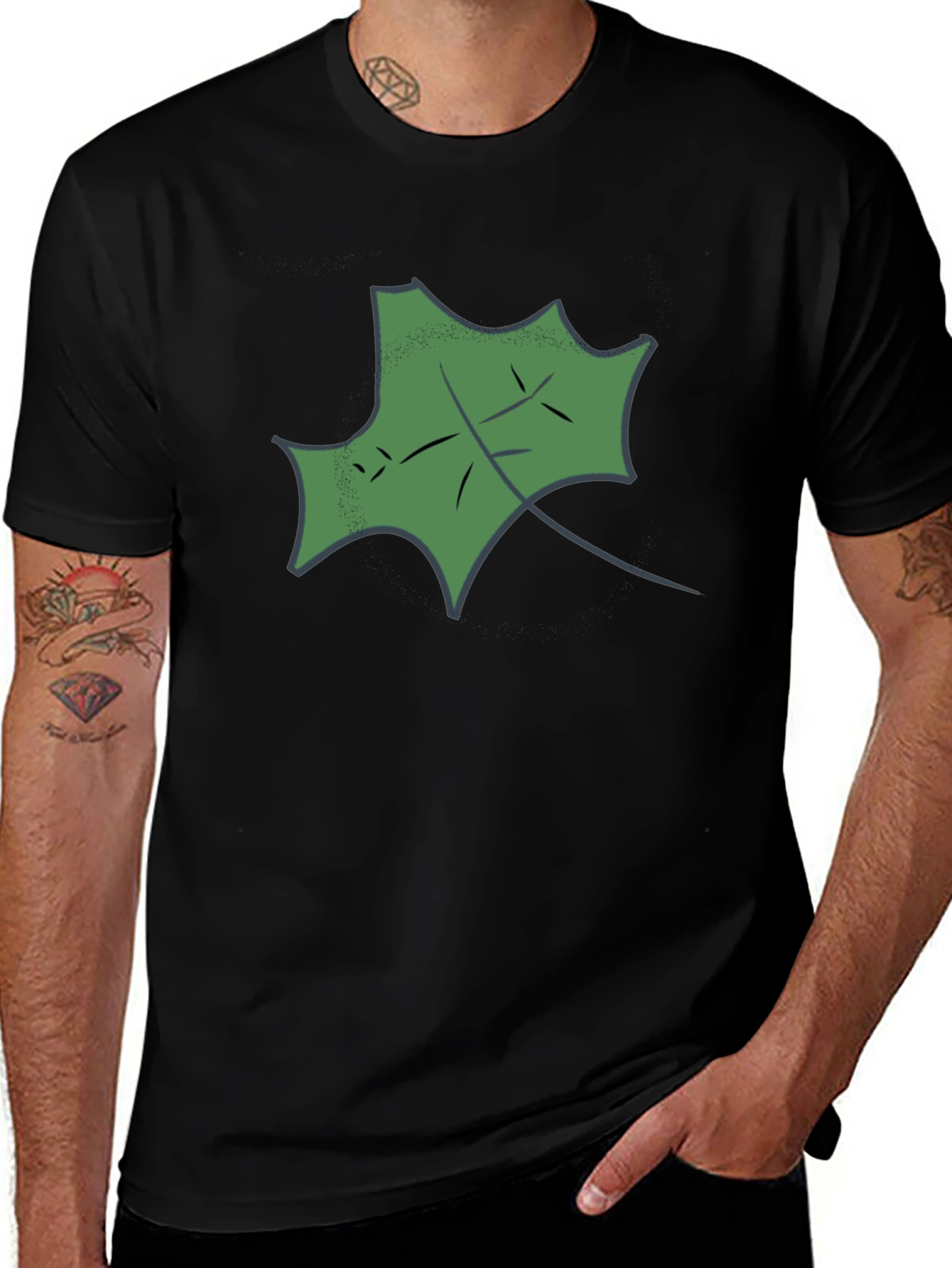 Black T-Shirt with Green Leaf Design