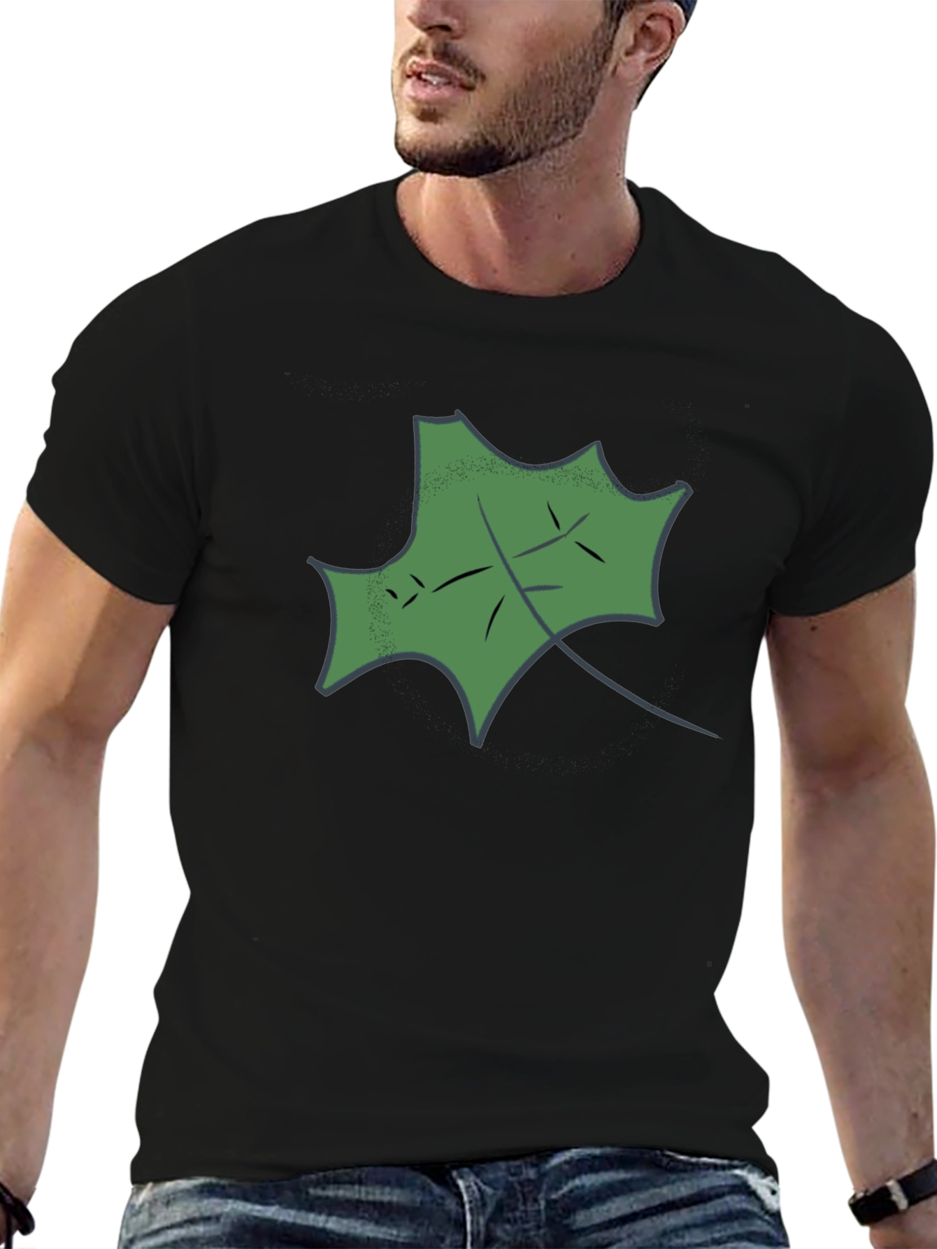 Black T-Shirt with Green Leaf Design