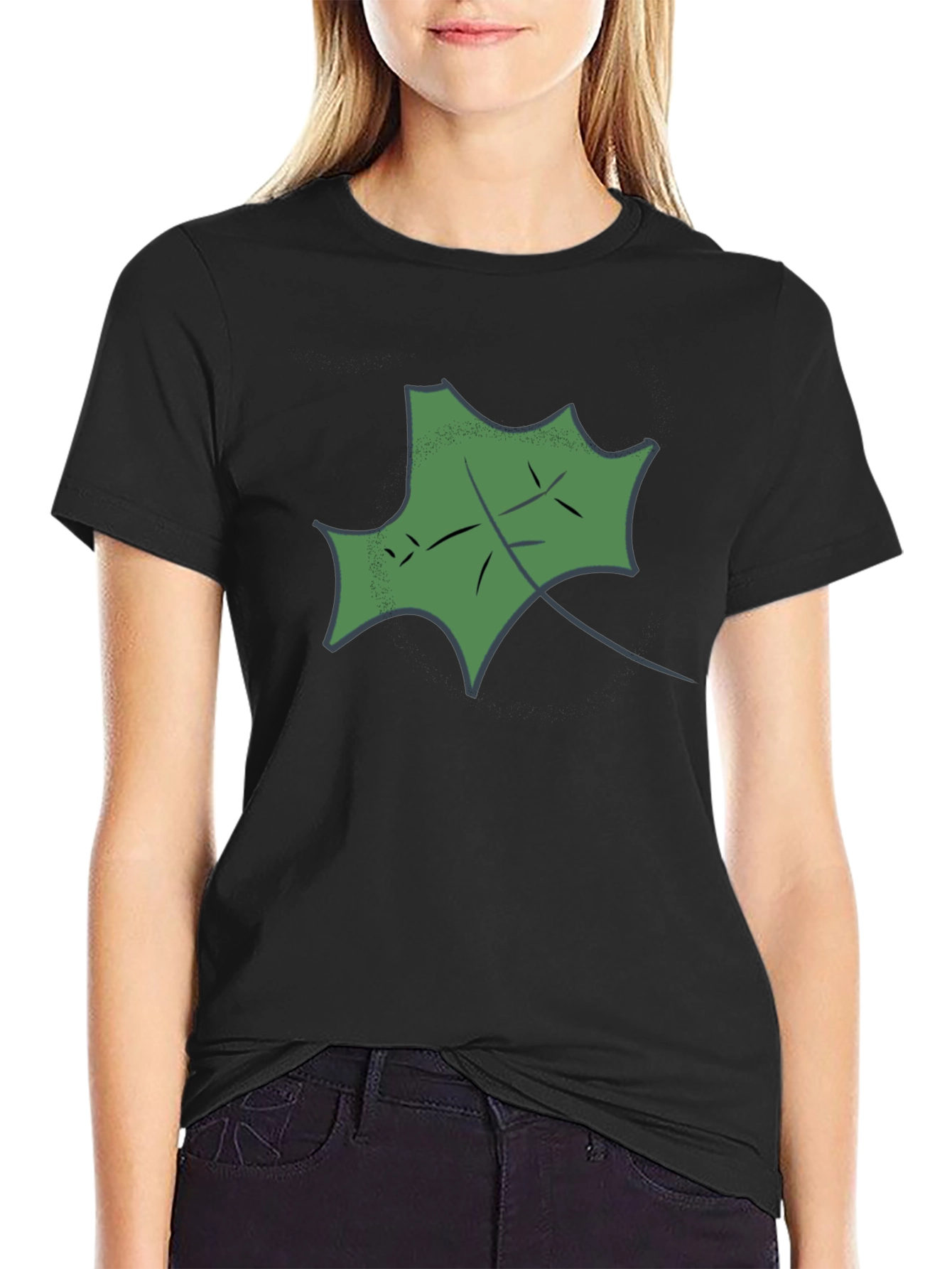 Black T-Shirt with Green Leaf Design