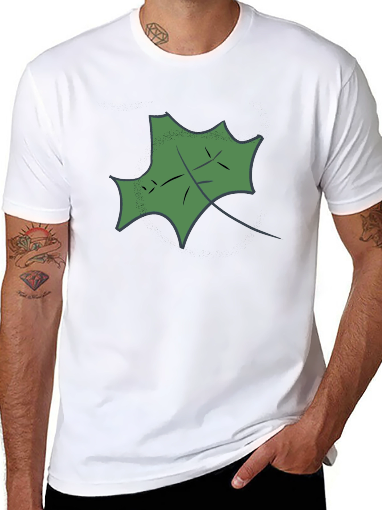 Black T-Shirt with Green Leaf Design