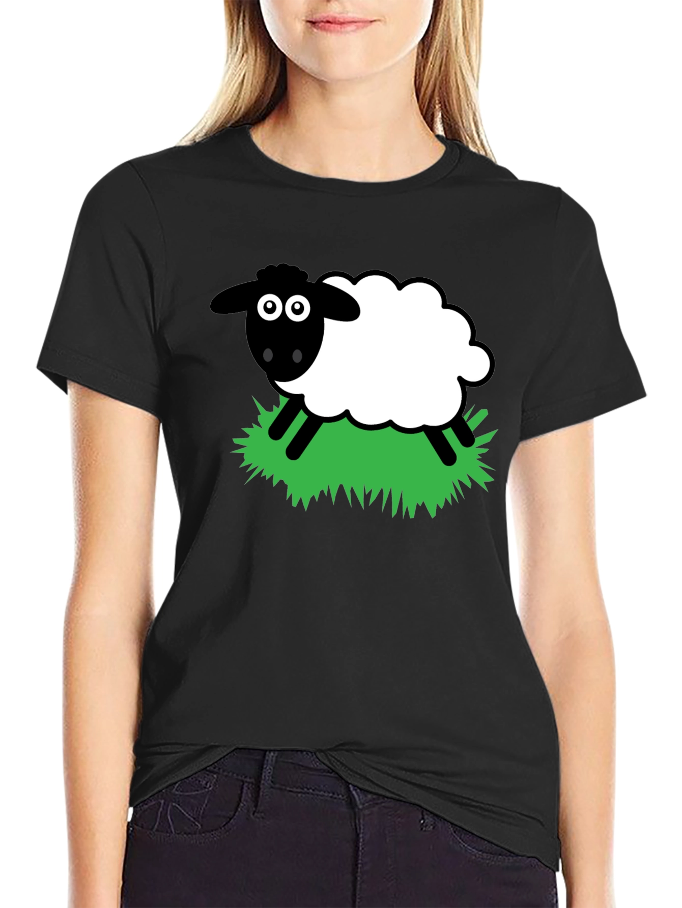 Cartoon Sheep Graphic T-Shirt - Black
