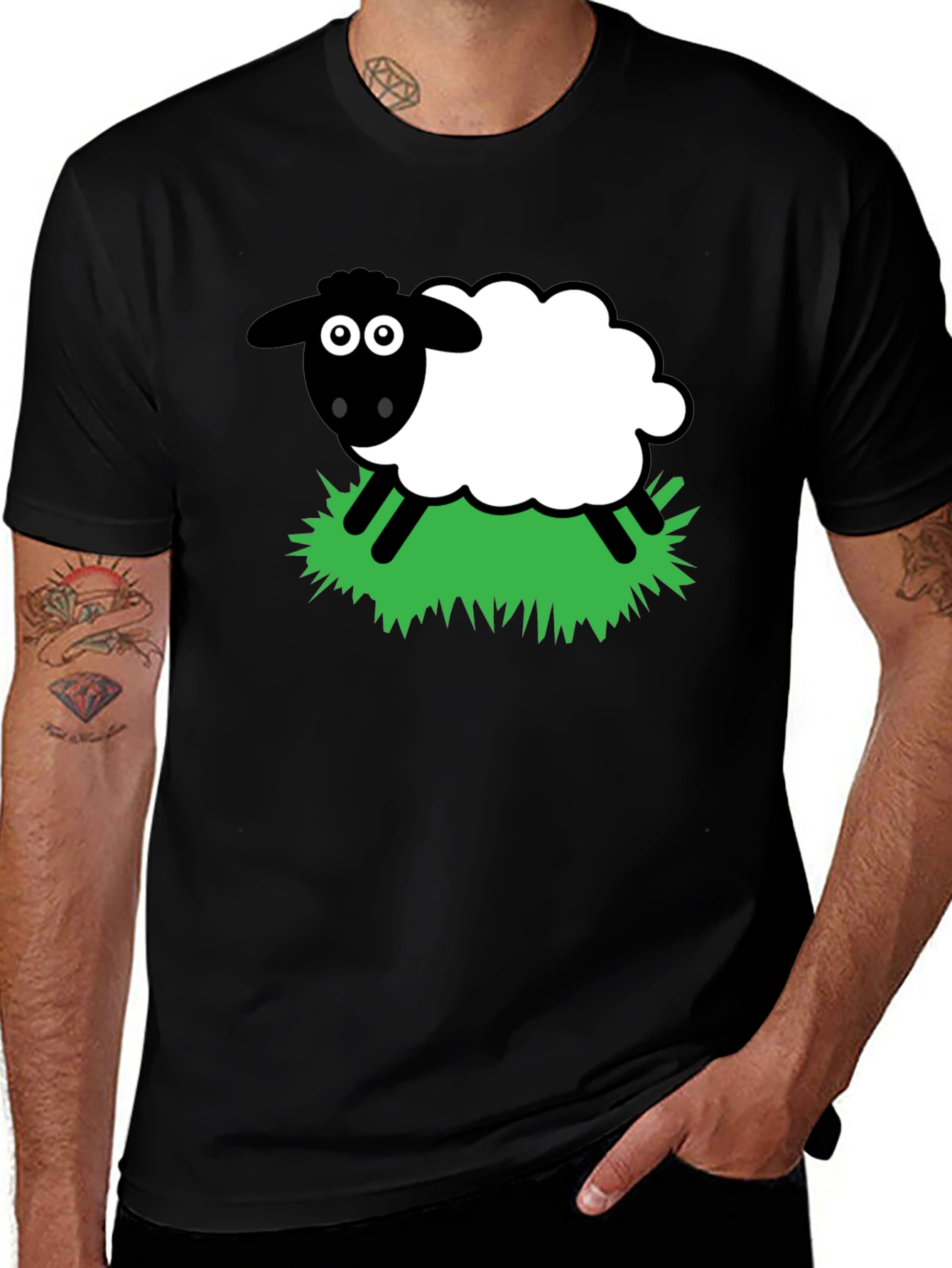 Cartoon Sheep Graphic T-Shirt - Black