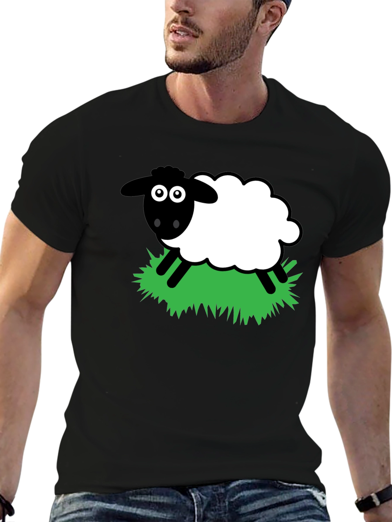 Cartoon Sheep Graphic T-Shirt - Black