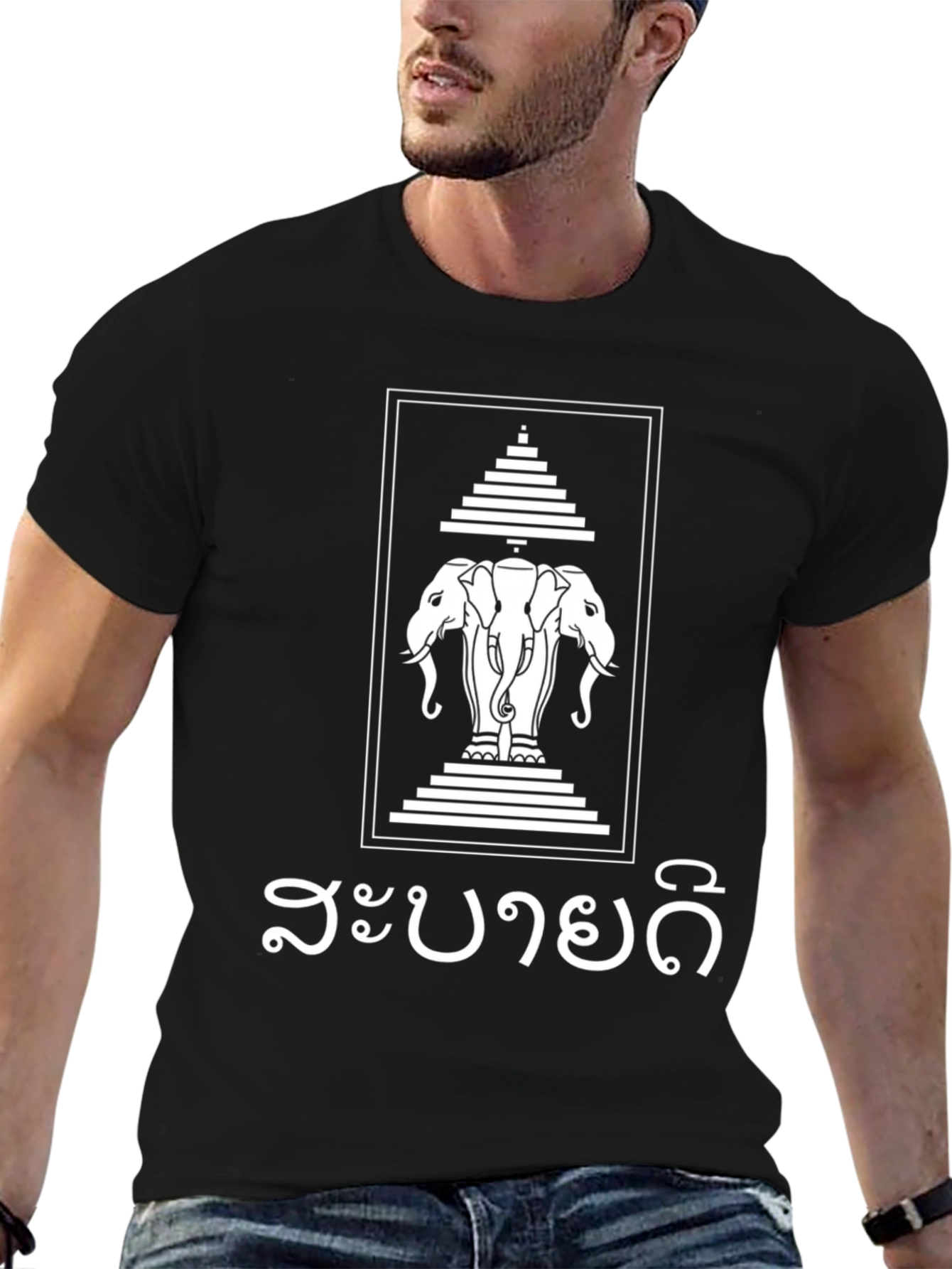 Laos Elephant & Temple T-Shirt - Black Cotton Tee