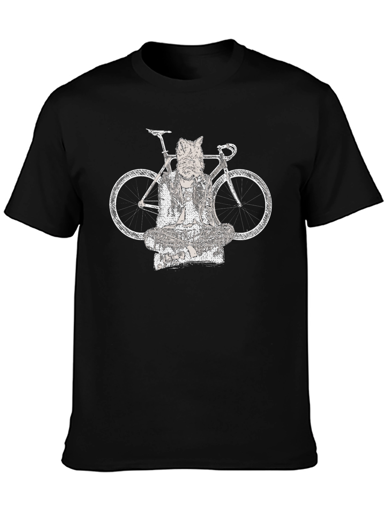 Cat Buddha Bike Graphic Tee - Black Cotton Blend