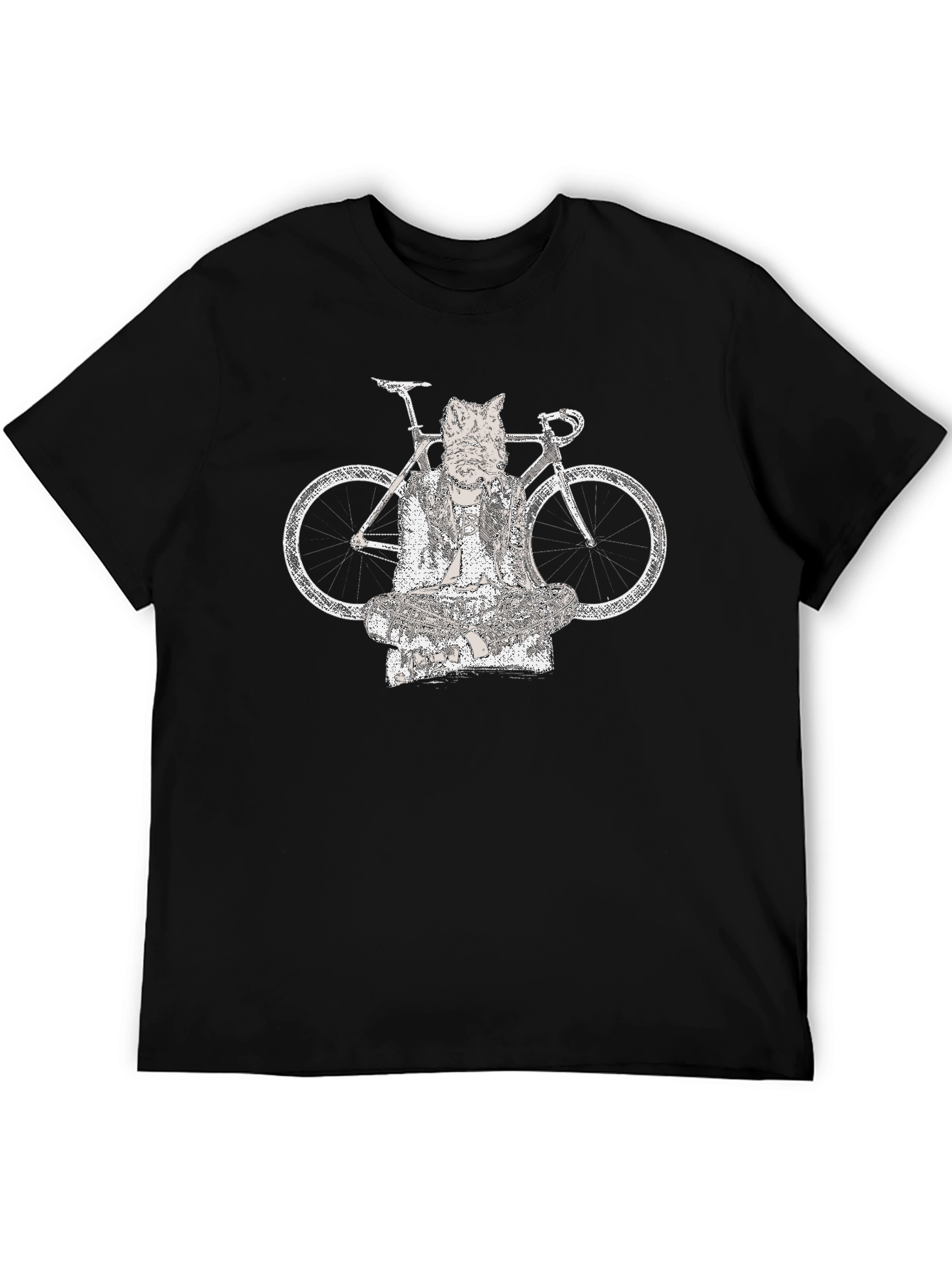 Cat Buddha Bike Graphic Tee - Black Cotton Blend