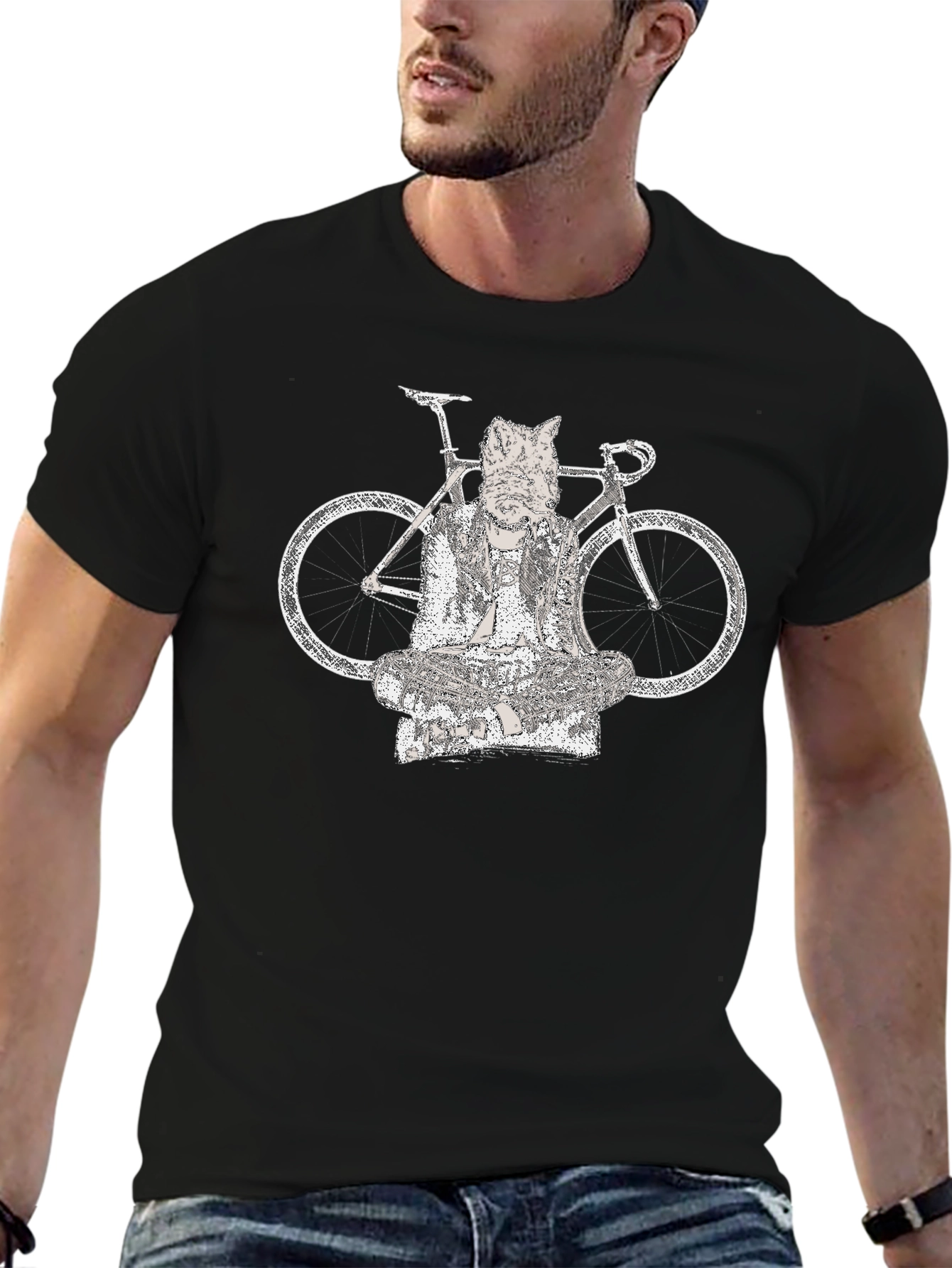 Cat Buddha Bike Graphic Tee - Black Cotton Blend