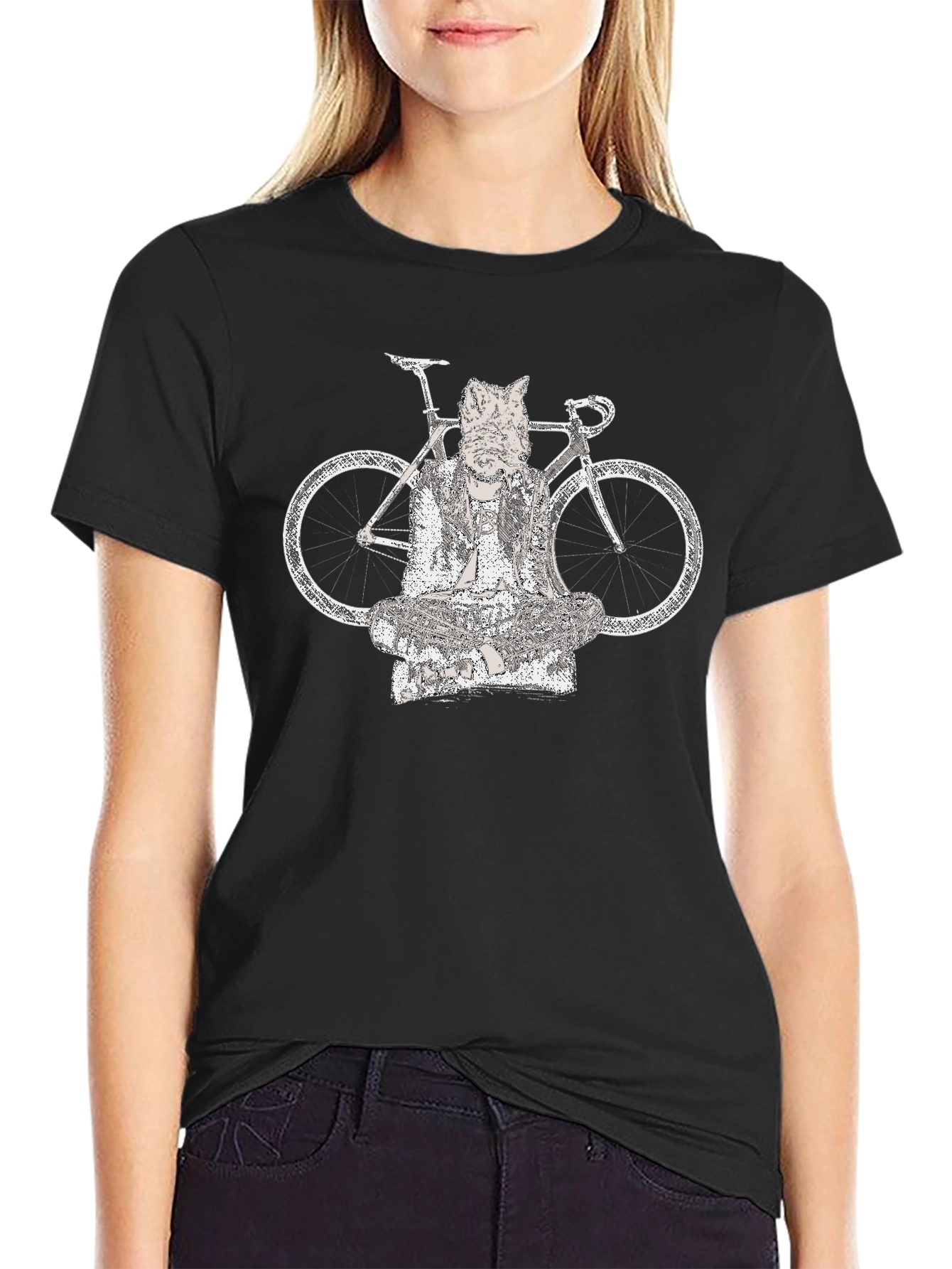 Cat Buddha Bike Graphic Tee - Black Cotton Blend
