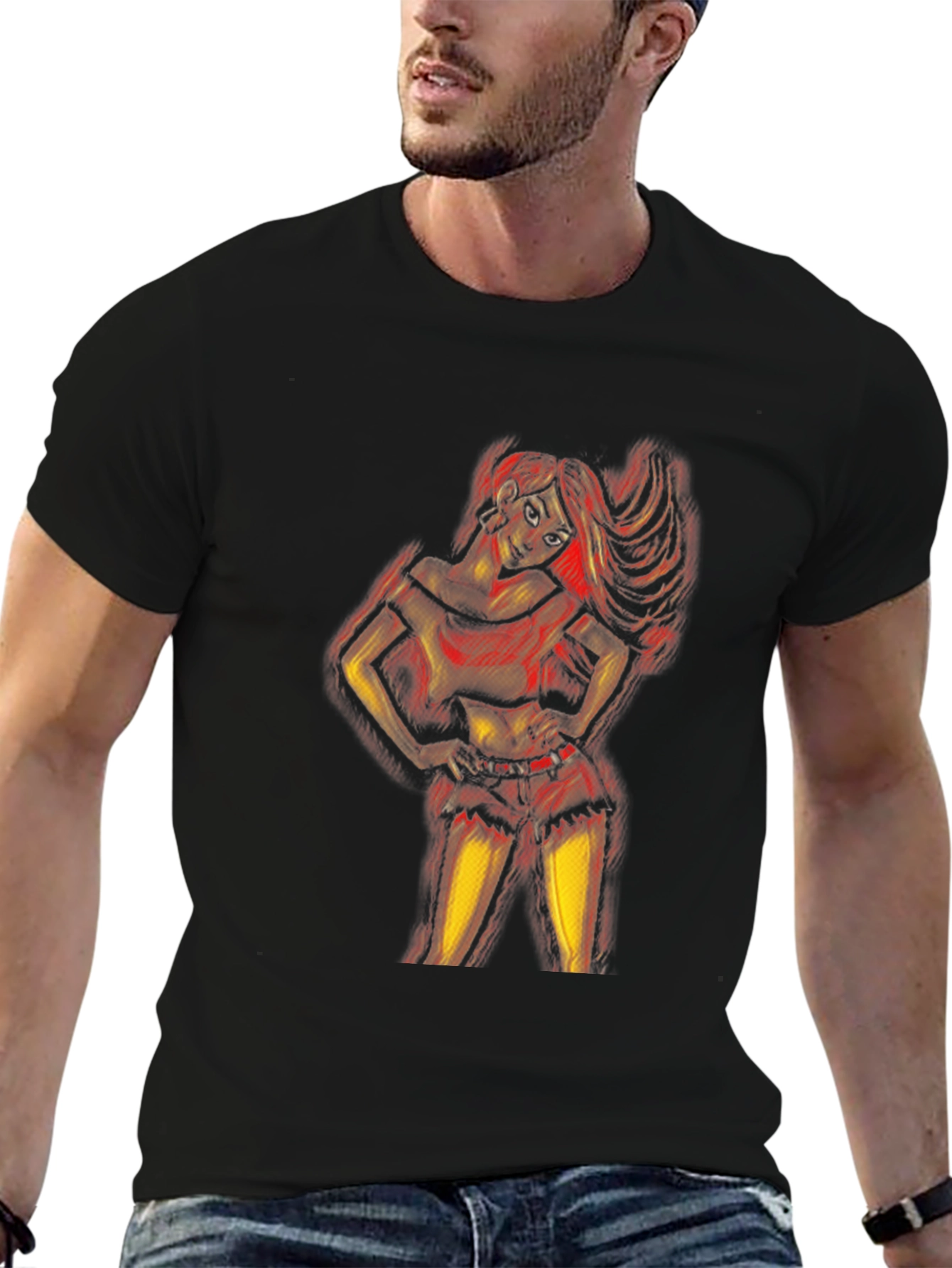 Artistic Woman Graphic Print Black T-Shirt