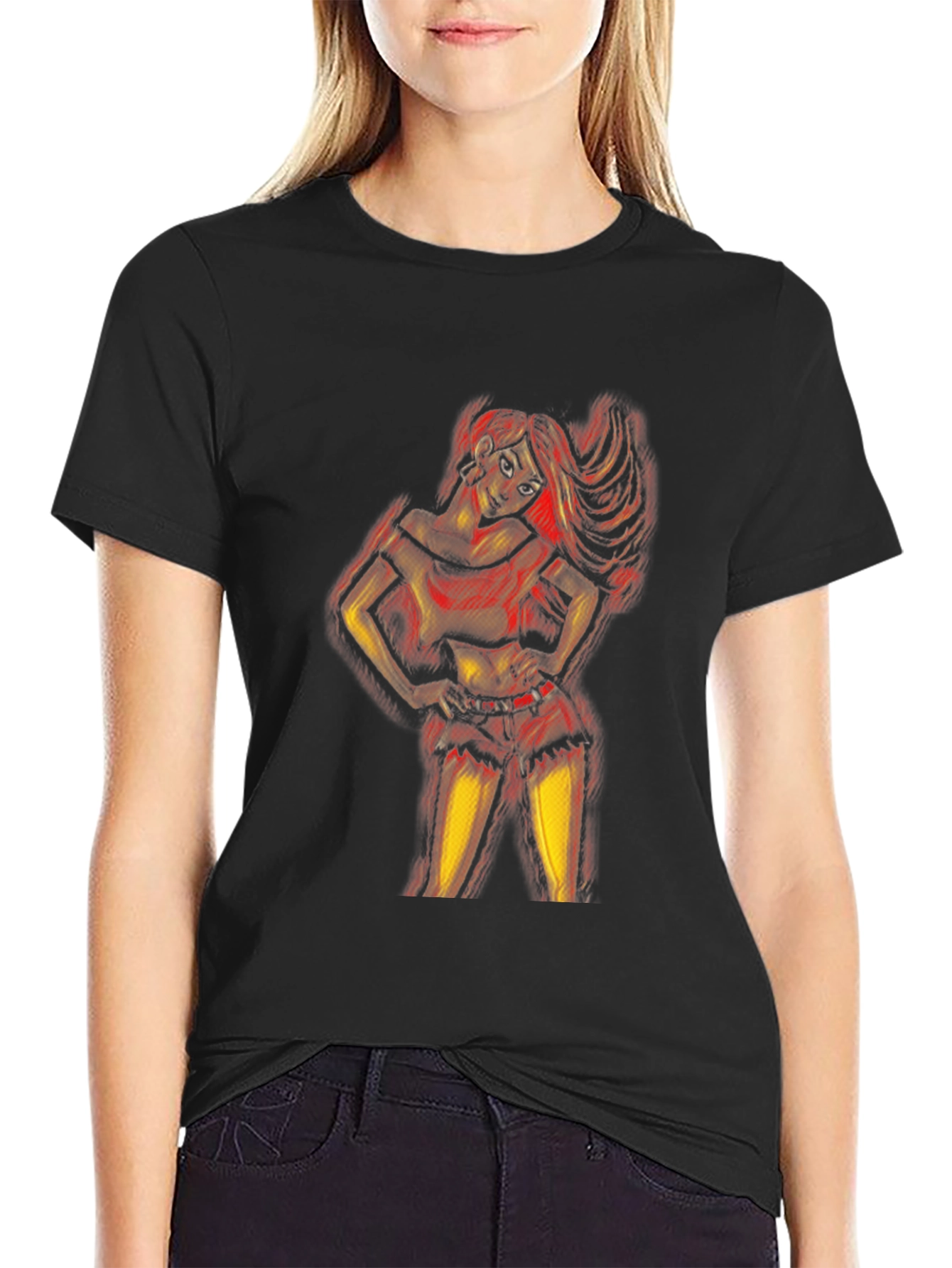 Artistic Woman Graphic Print Black T-Shirt