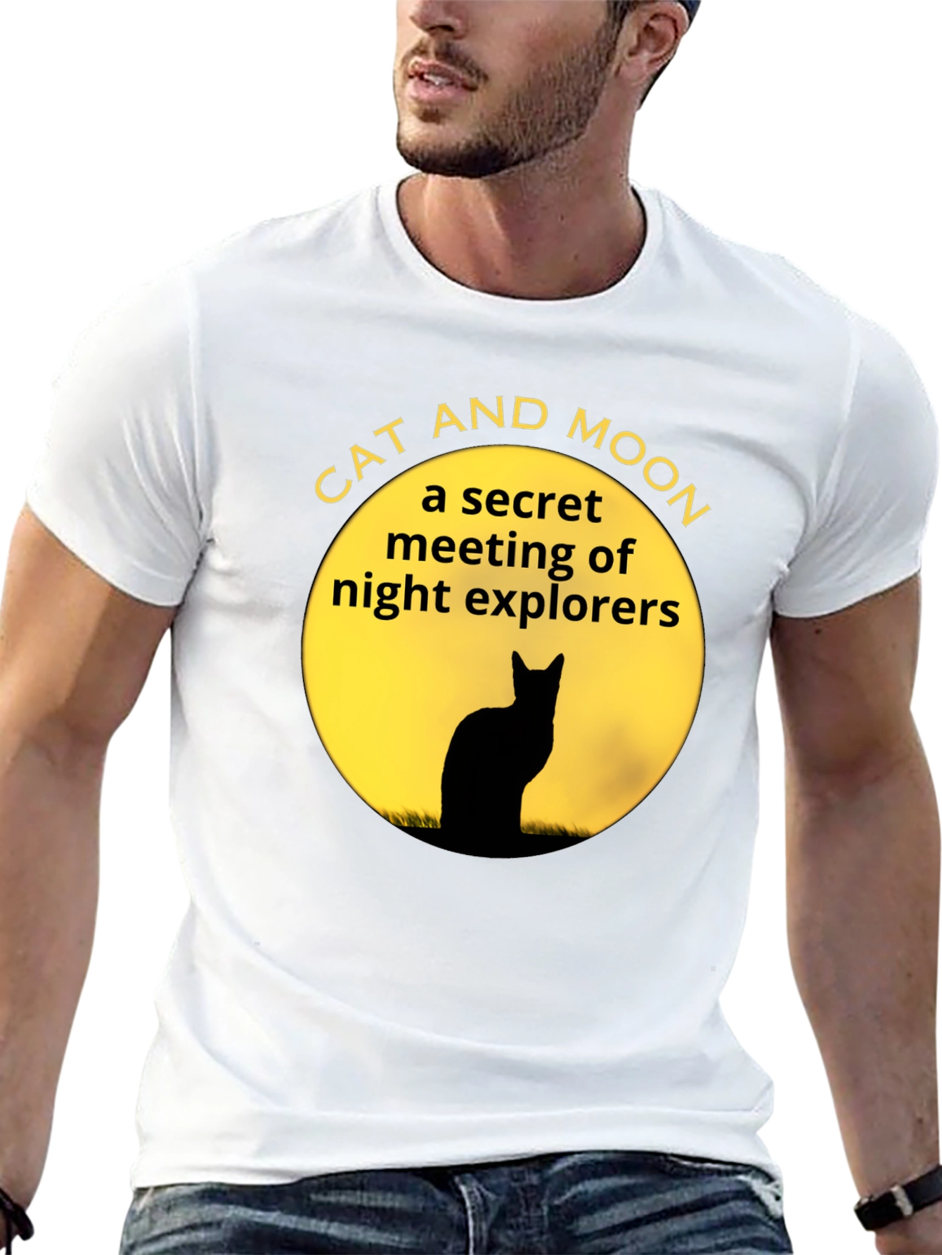 Cat and Moon Black T-Shirt Secret Night Explorers