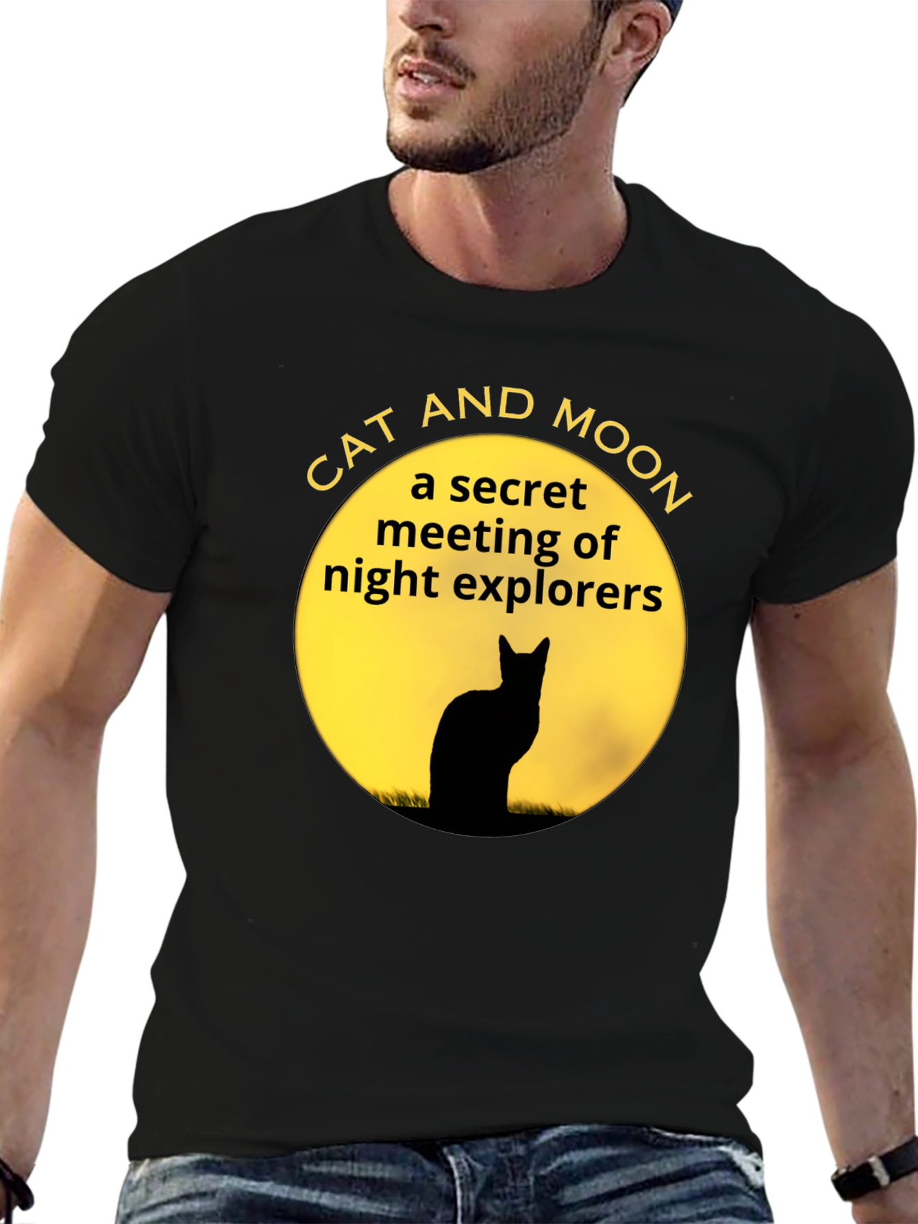 Cat and Moon Black T-Shirt Secret Night Explorers