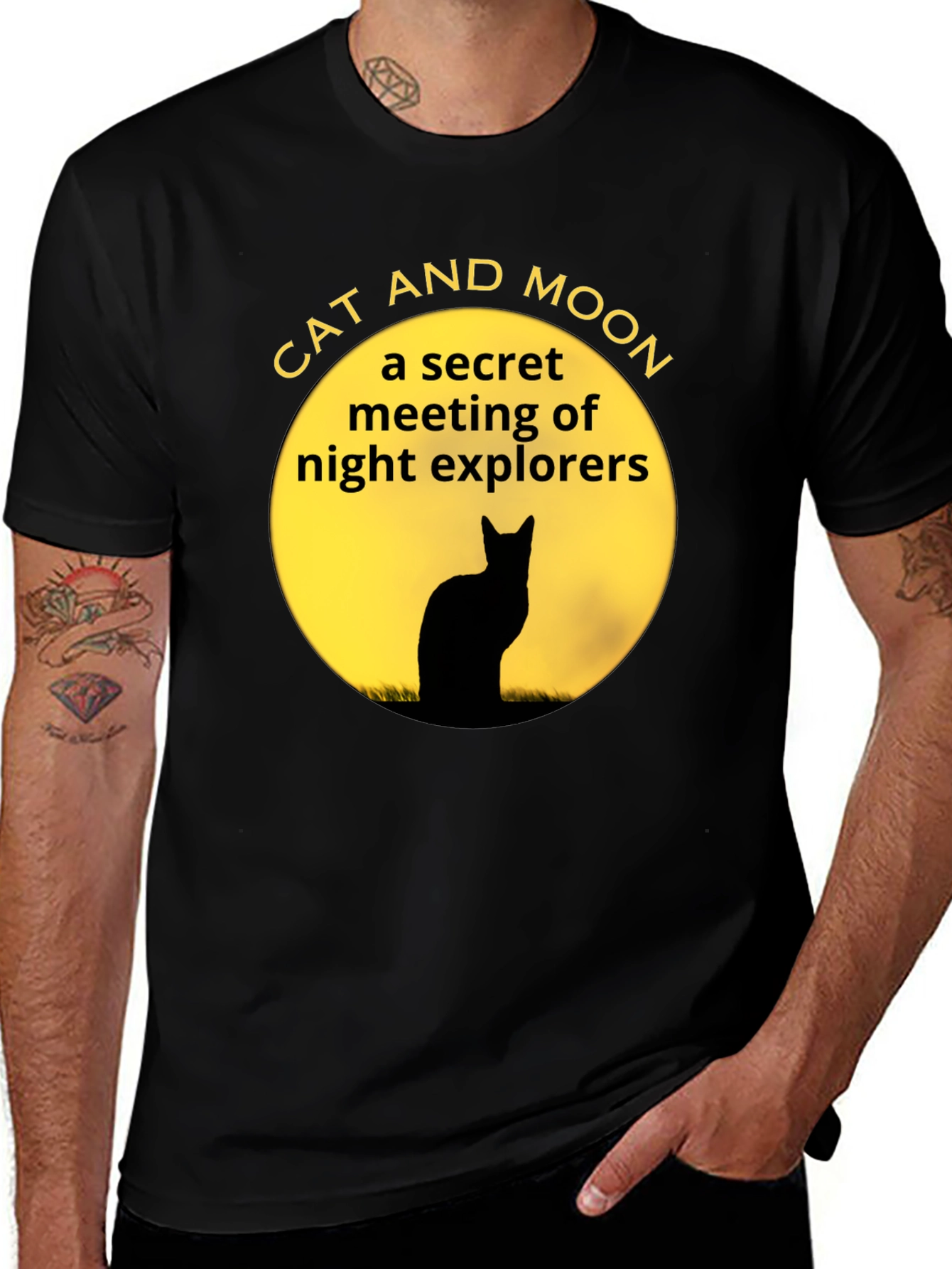 Cat and Moon Black T-Shirt Secret Night Explorers