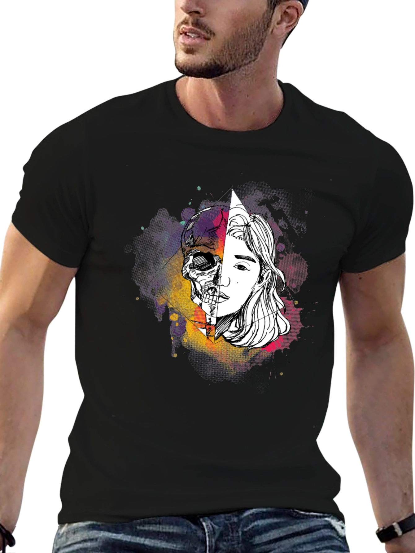 Skull & Face Graphic Tee - Edgy Style