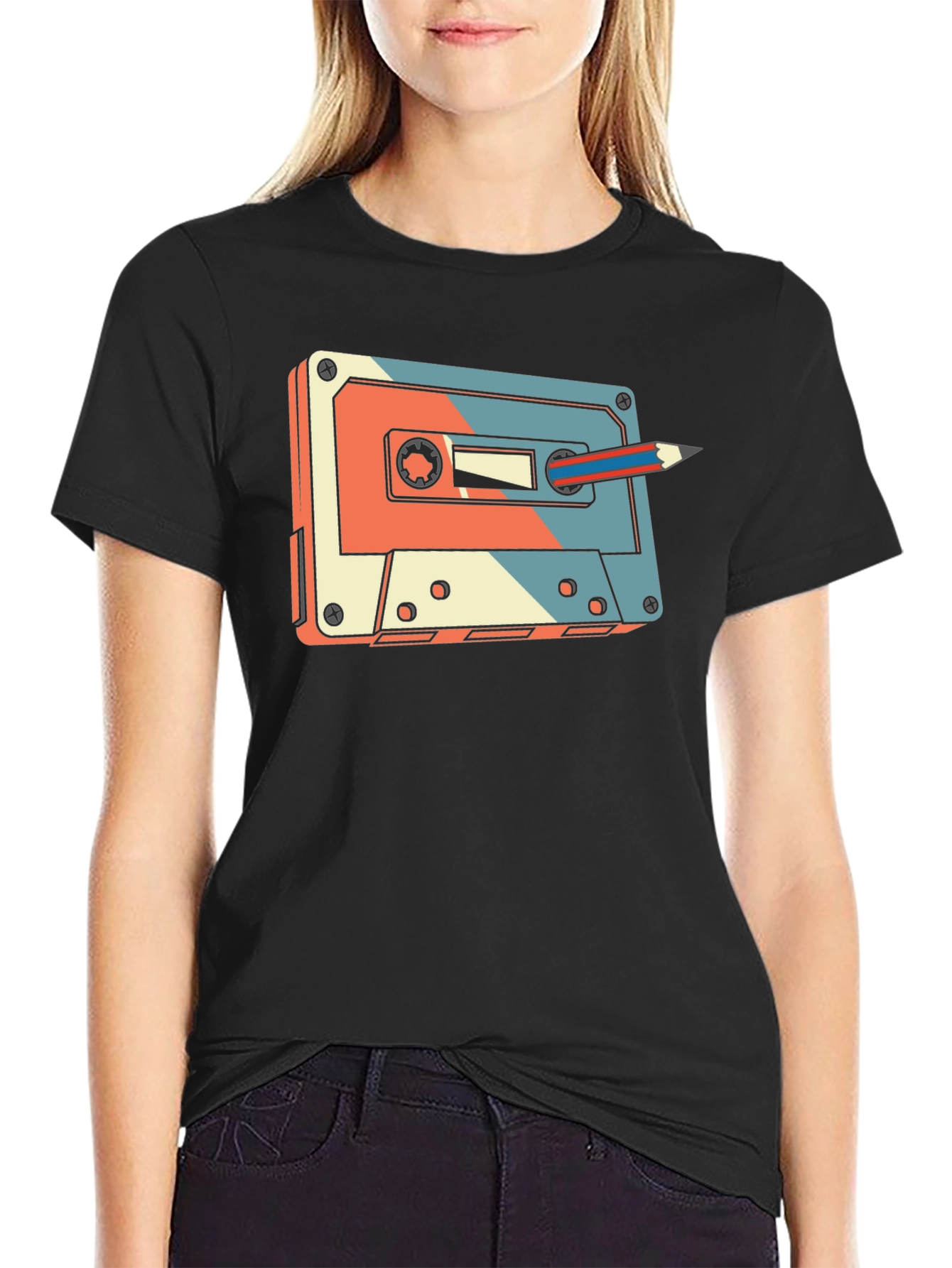 Retro Cassette Tape & Pencil Graphic T-Shirt
