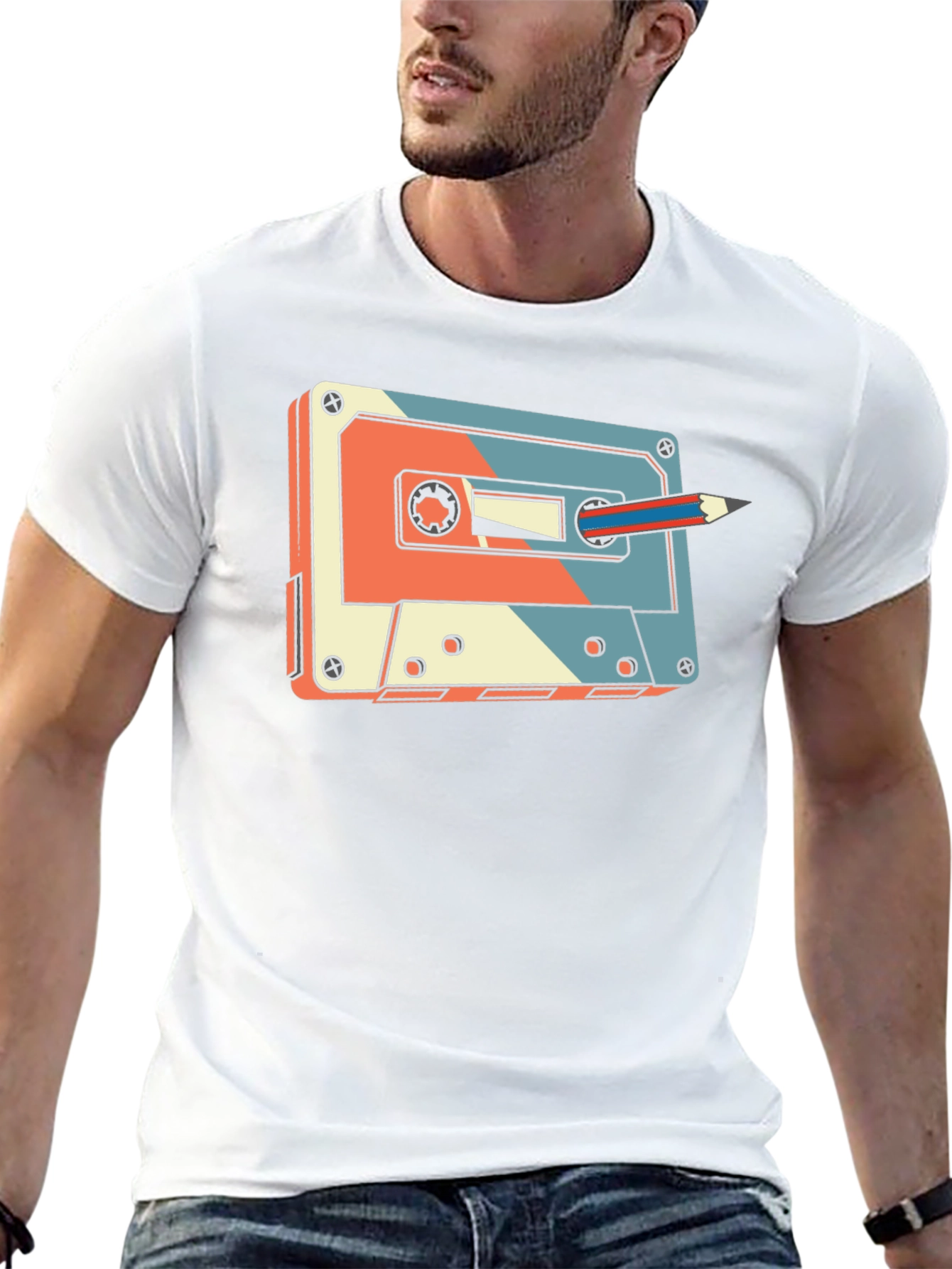 Retro Cassette Tape & Pencil Graphic T-Shirt