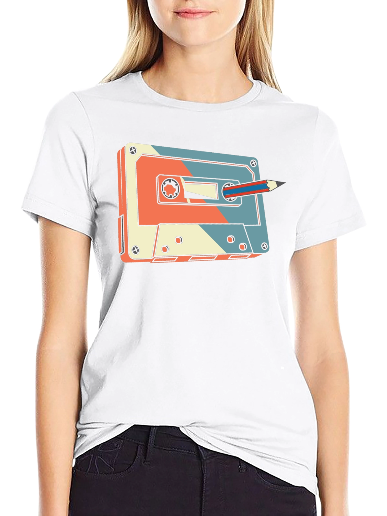 Retro Cassette Tape & Pencil Graphic T-Shirt