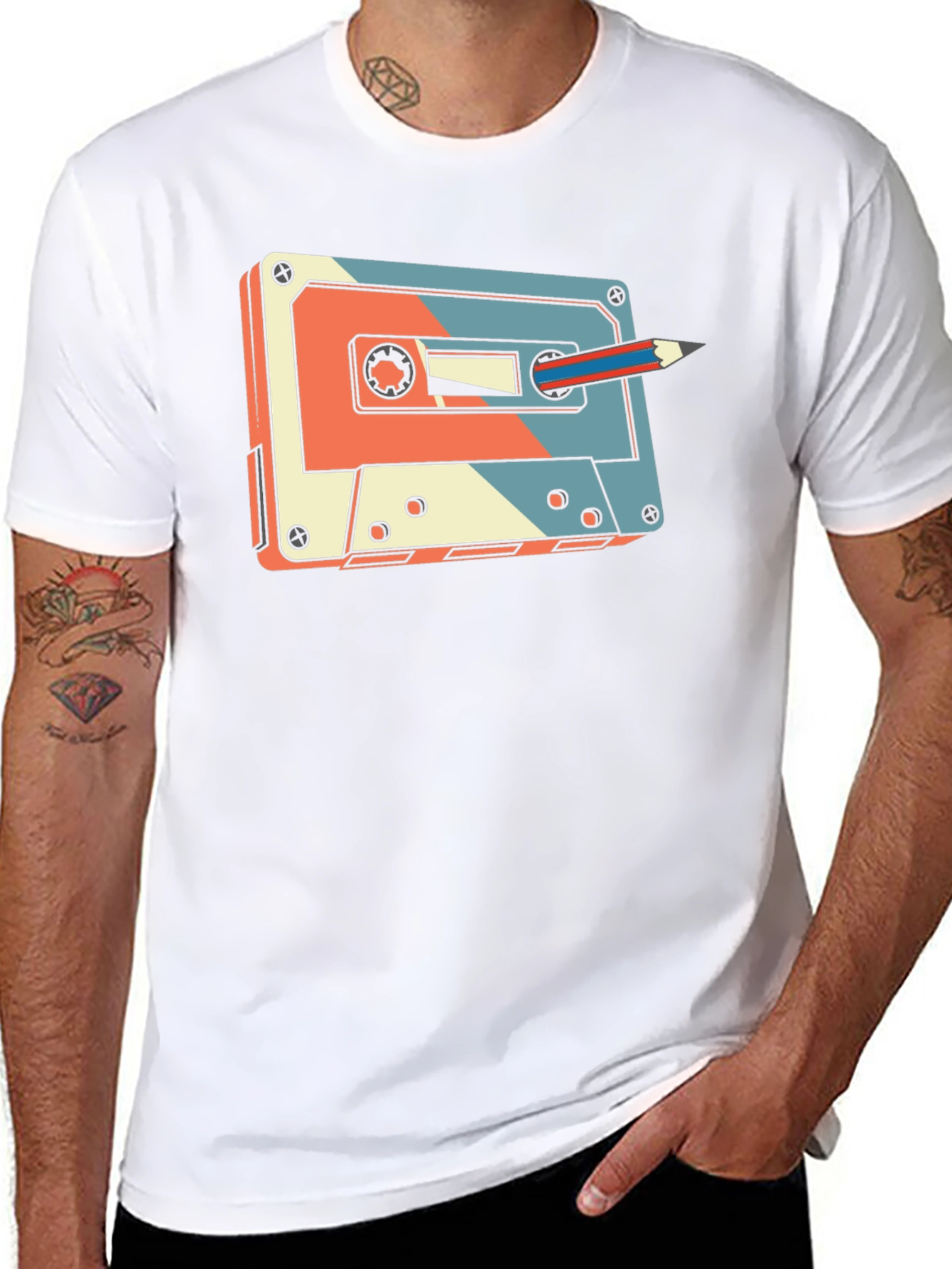 Retro Cassette Tape & Pencil Graphic T-Shirt