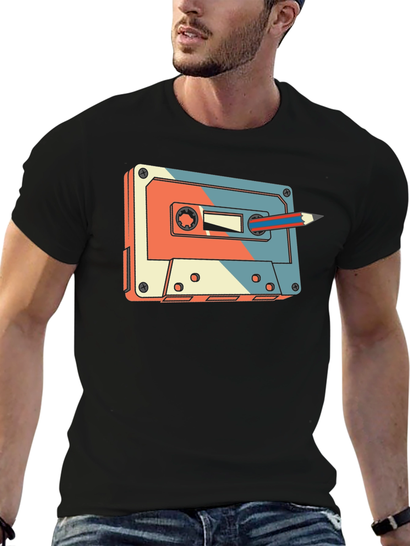 Retro Cassette Tape & Pencil Graphic T-Shirt