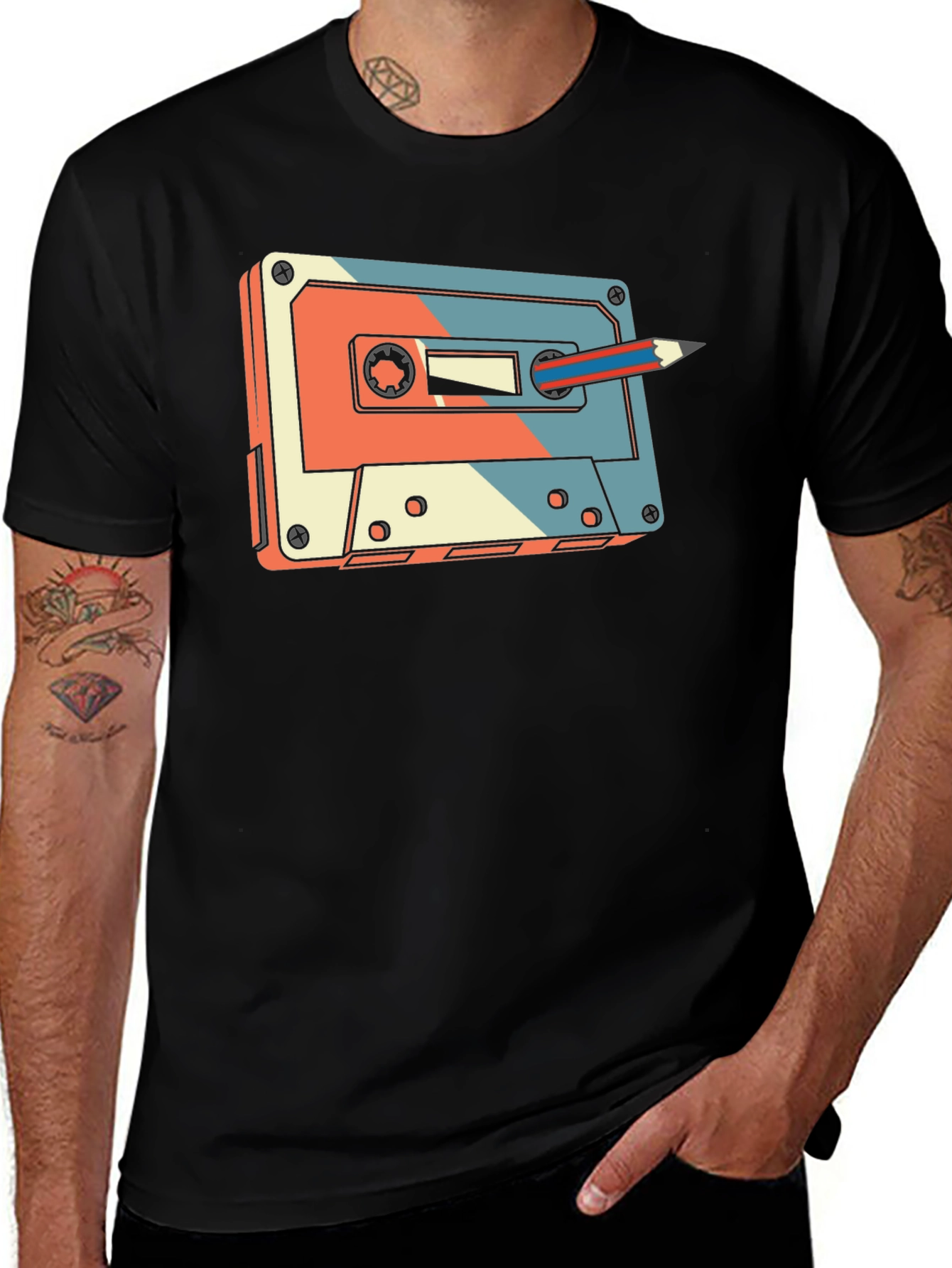 Retro Cassette Tape & Pencil Graphic T-Shirt