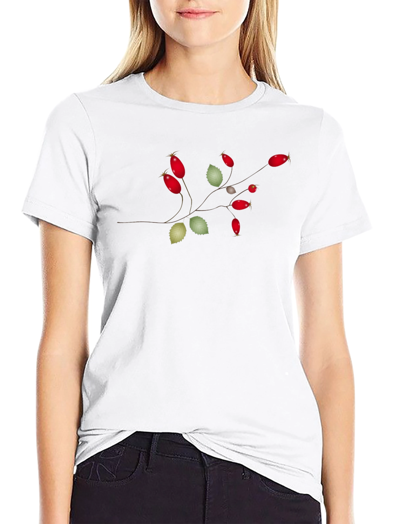 Botanical Rosehip Branch Graphic Tee - Black